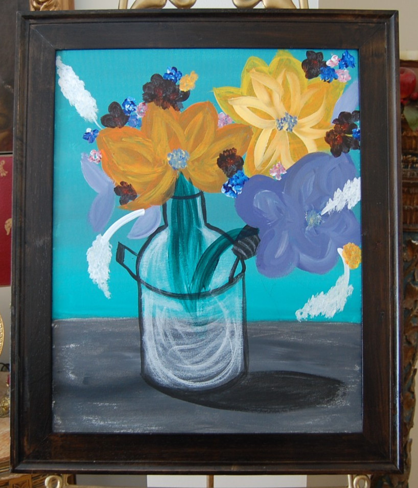 ORIGINAL FRAMED ACRYLIC MODERN ABSTRACT PAINTING OF FLOWERS ON VASE A STILL LIFE