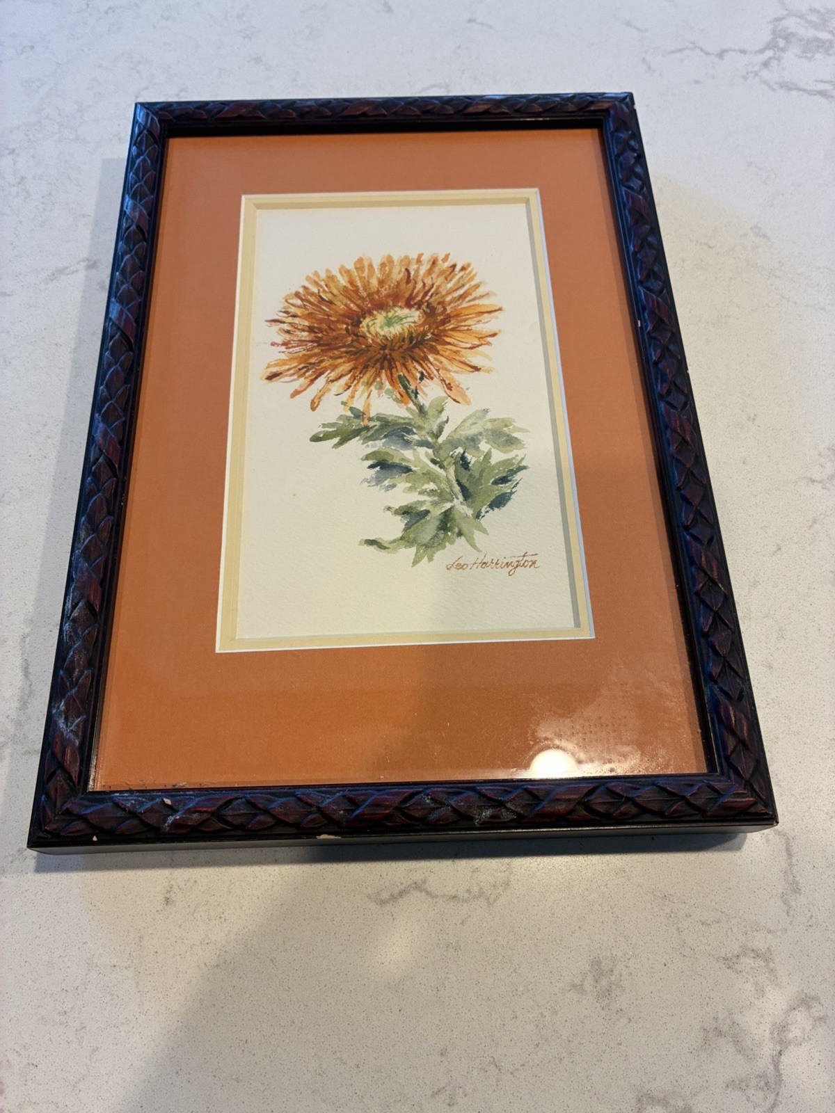 Vtg Signed Watercolor Chrysanthemum Flower Matted & Framed