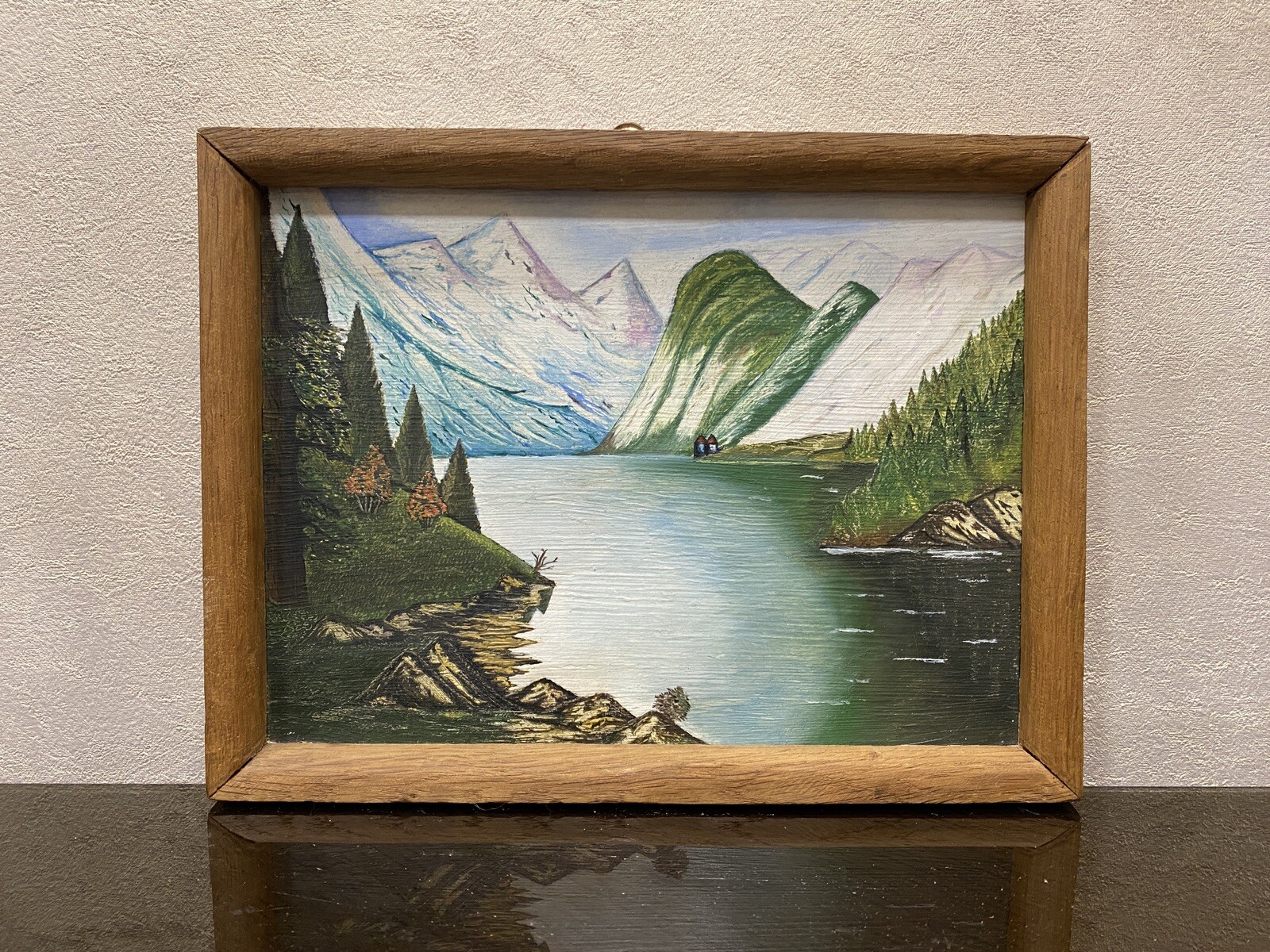 Vintage Ukrainian Soviet Art Oil Painting Mountain Lake, 1960s