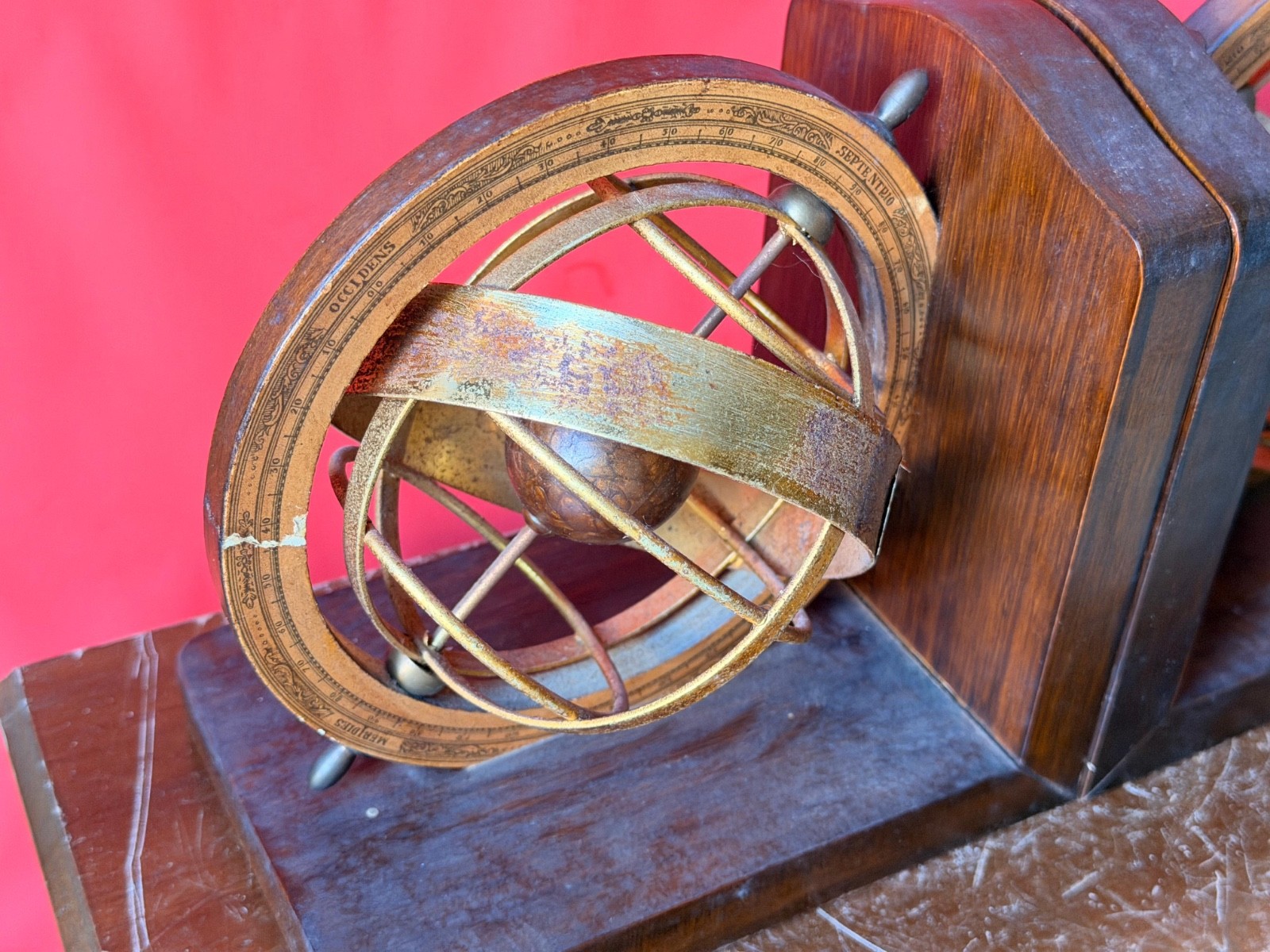 Vintage Wood Armillary Sphere Bookends Zodiac Astrological Globe Pair 6″