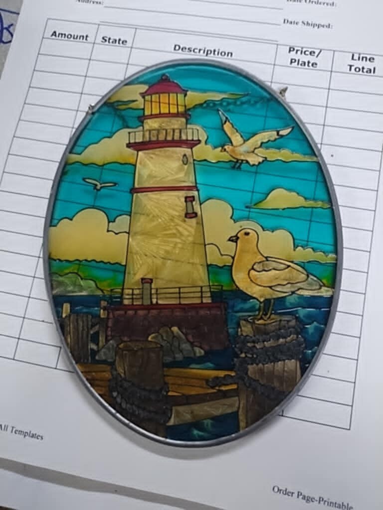 Hand Painted Lighthouse Glass Wall Hanger Seagull