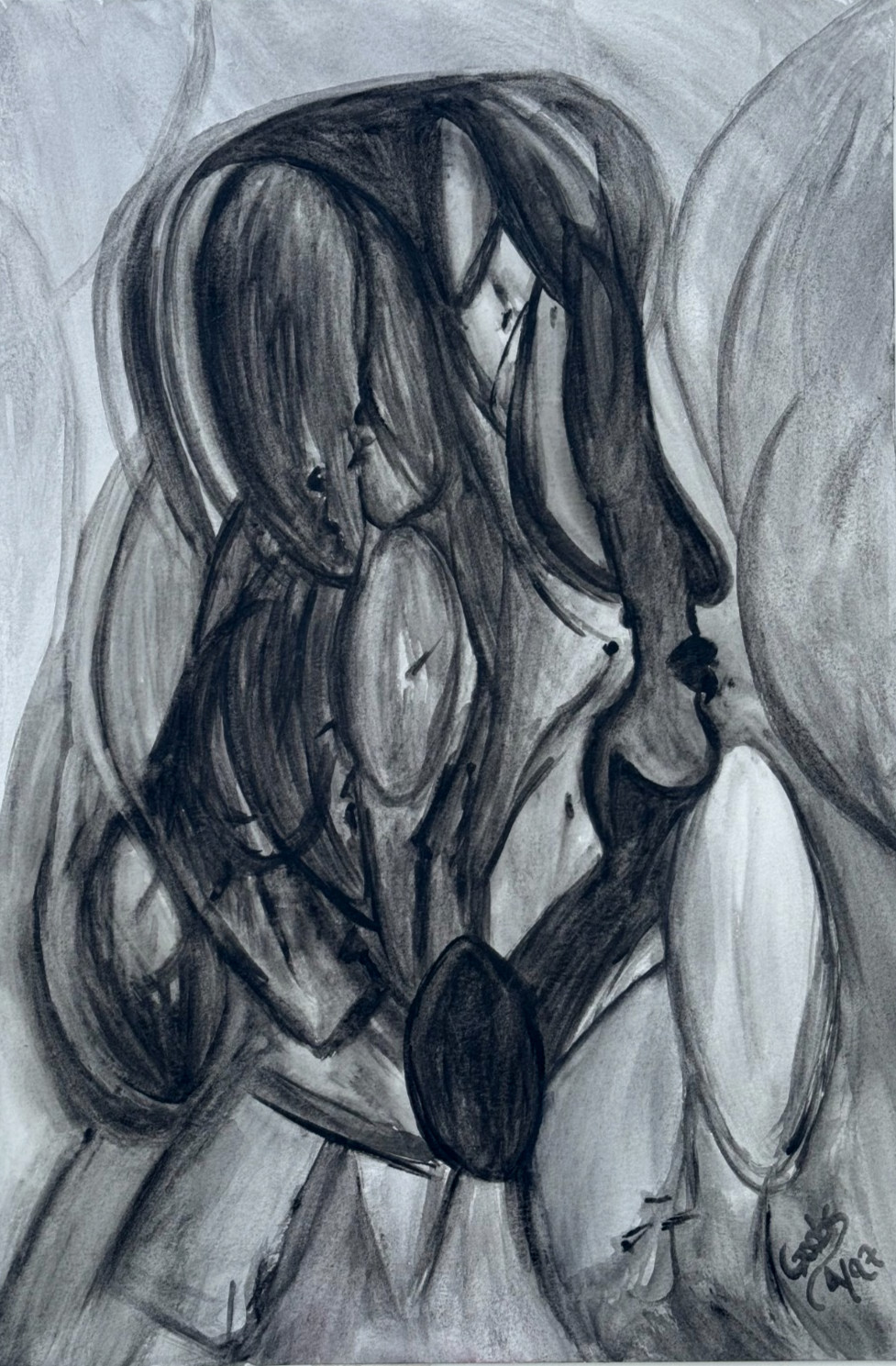 GOOBS SIGNED ABSTRACT WATERCOLOR DRAWING PAINTING WOMEN FACES & FIGURES ORIGINAL