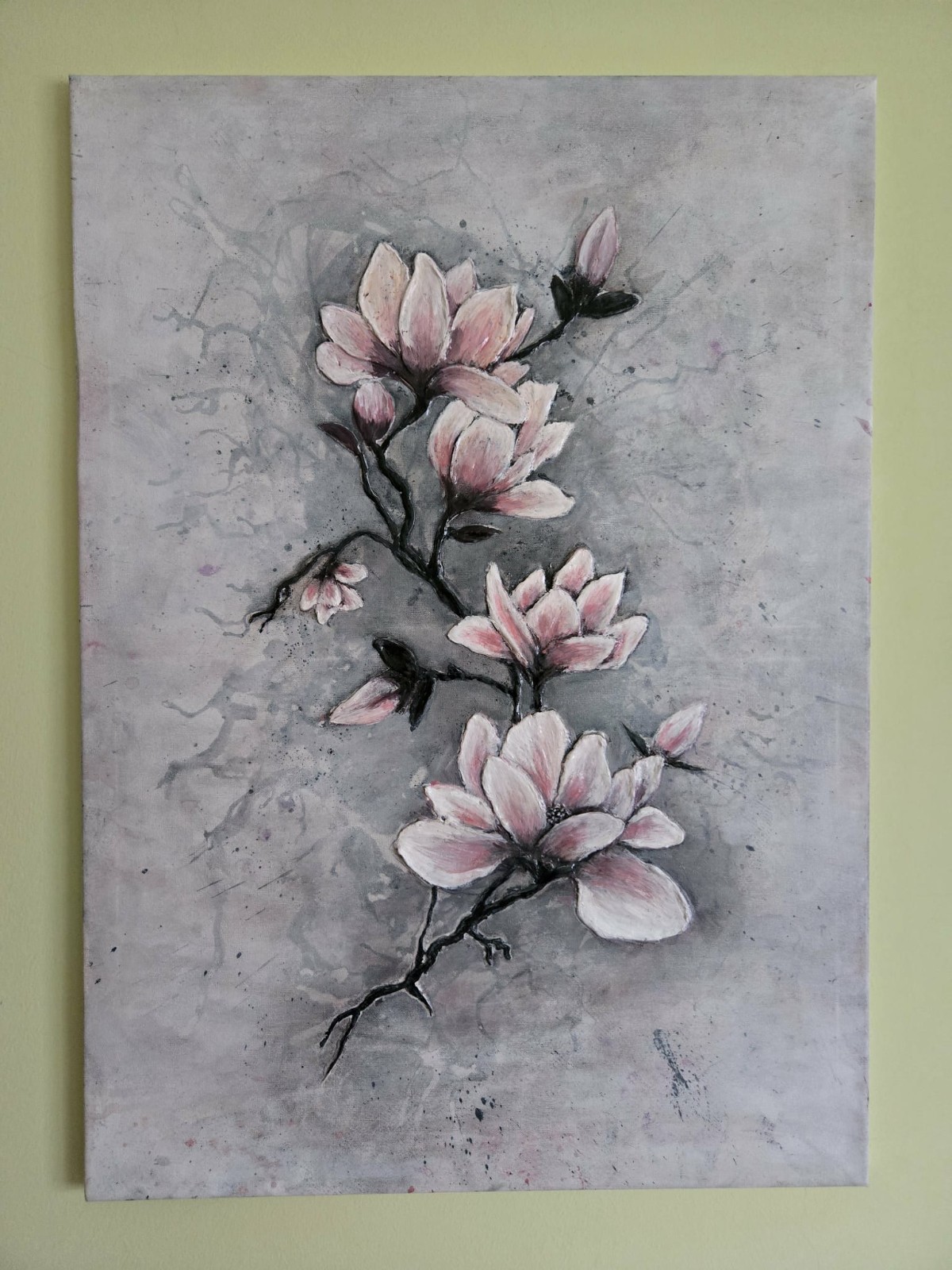 Handmade Magnolia Painting – Textured Floral Art, 50×70 cm Modeling Paste + Acr