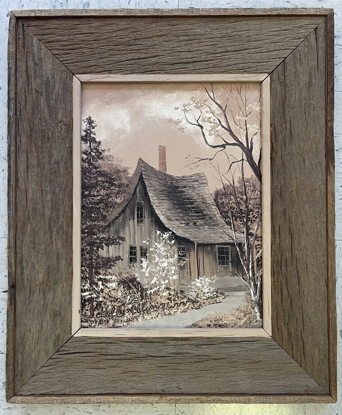 Original Signed Idell Ellingwood Barnwood Framed Canvas Indiana Cabin in Woods