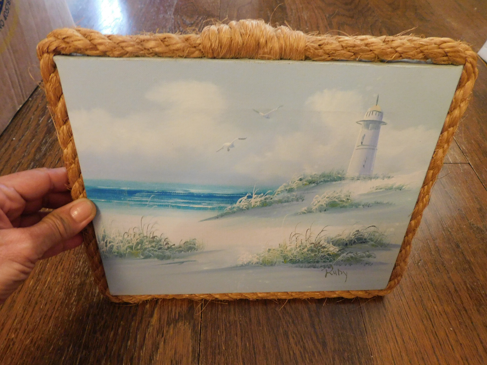Vtg Signed Ruby Rope Framed Ocean Light House Beach Seascape Oil Painting 11″x9″