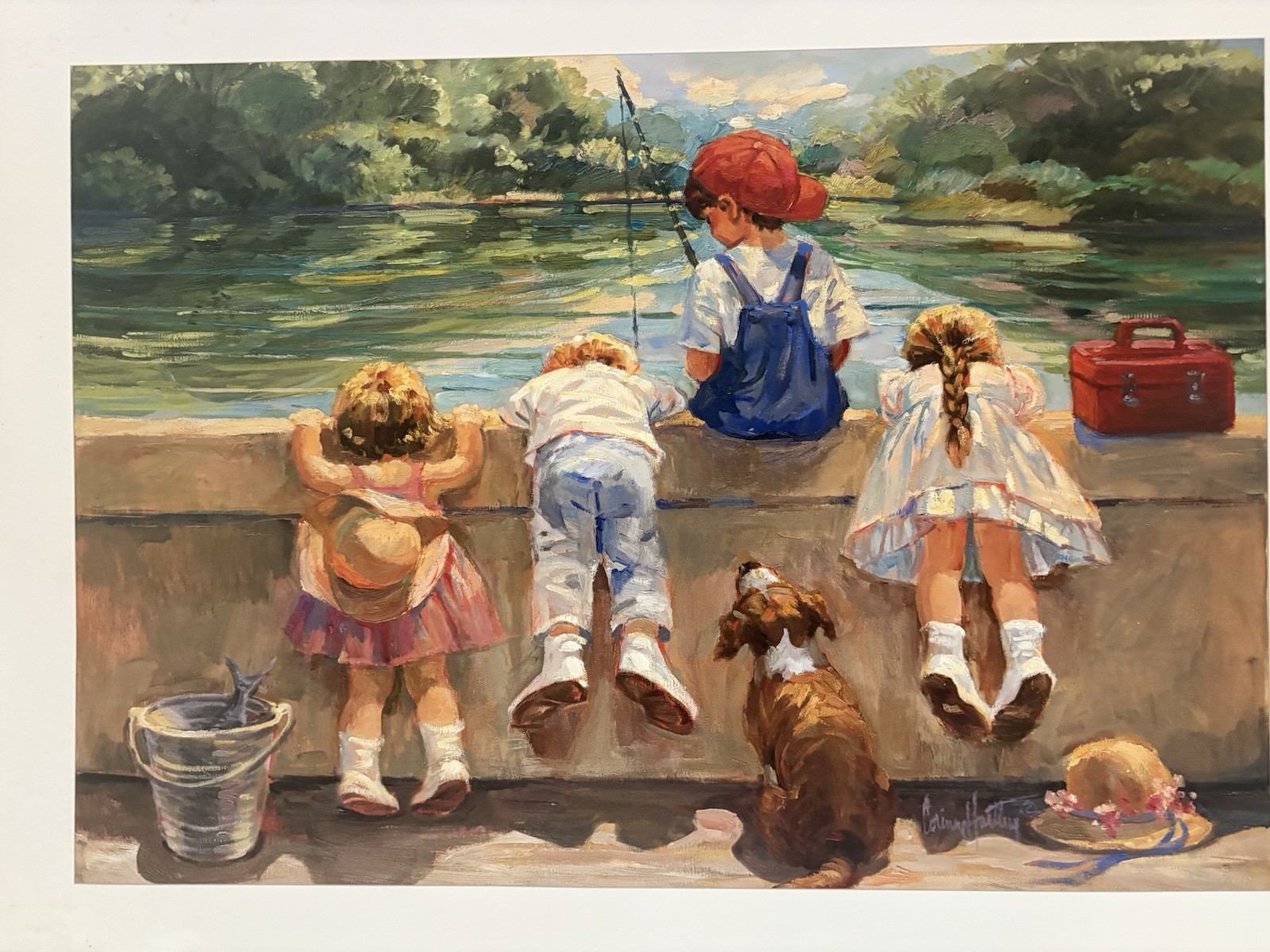 Four Children Fishing With Their Dog