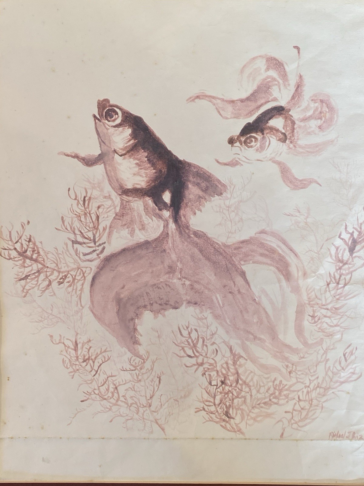 Goldfish Watercolor Painting – Underwater Scene, Signed Ruiz, 16×20 Matted Art