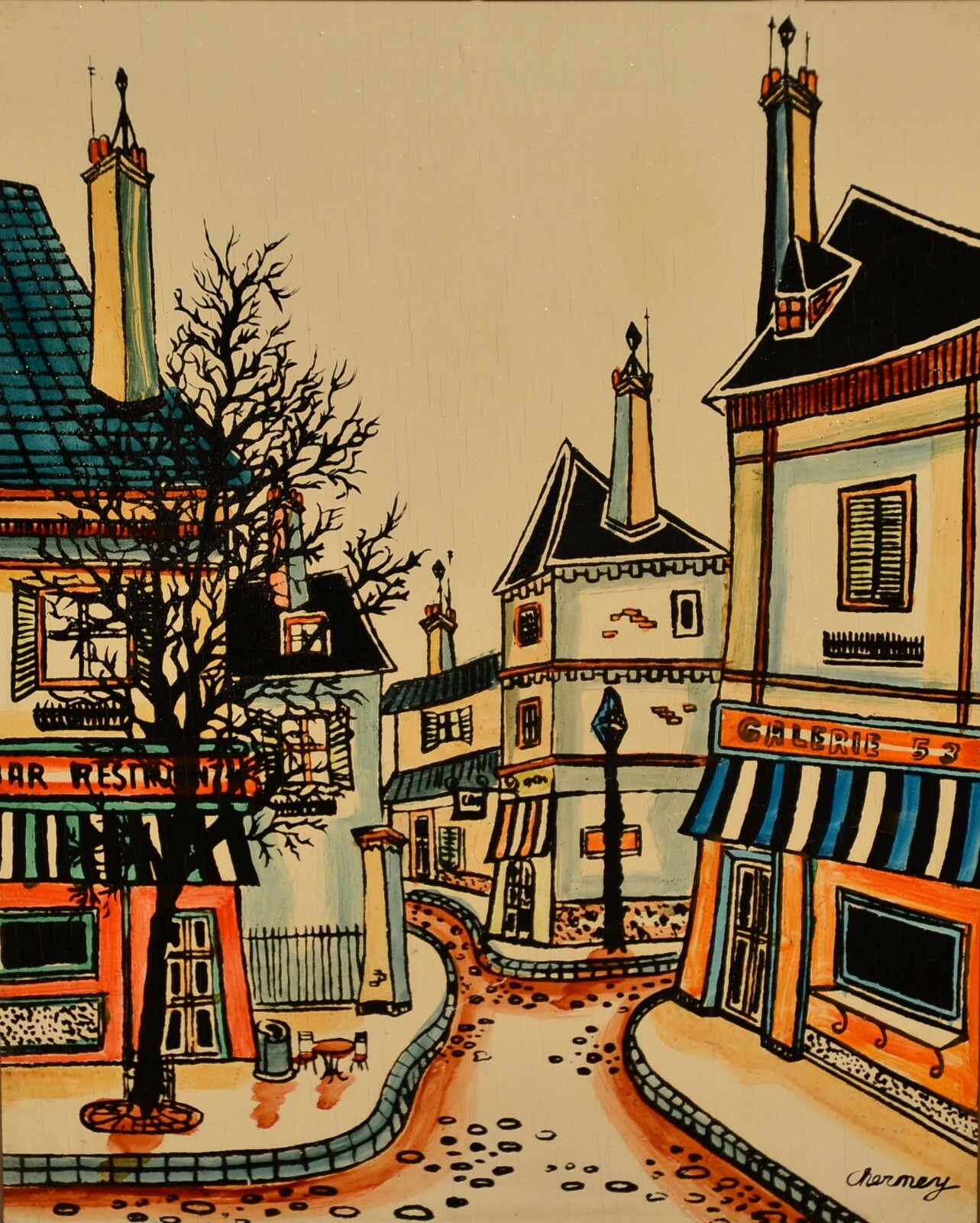 MARVIN CHERNEY Original Vintage Signed MCM Street Gallery Cityscape Oil Painting