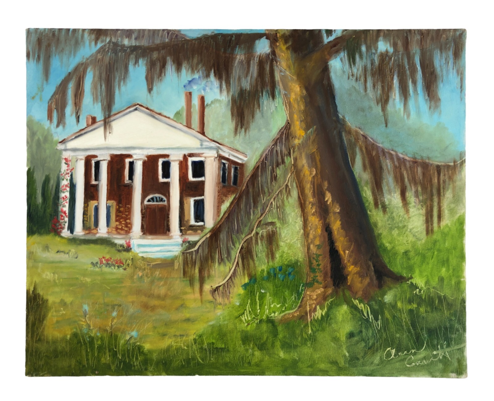 Clara Cavett Oklahoma Amateur Artist Oil Painting Antebellum Mansion Signed