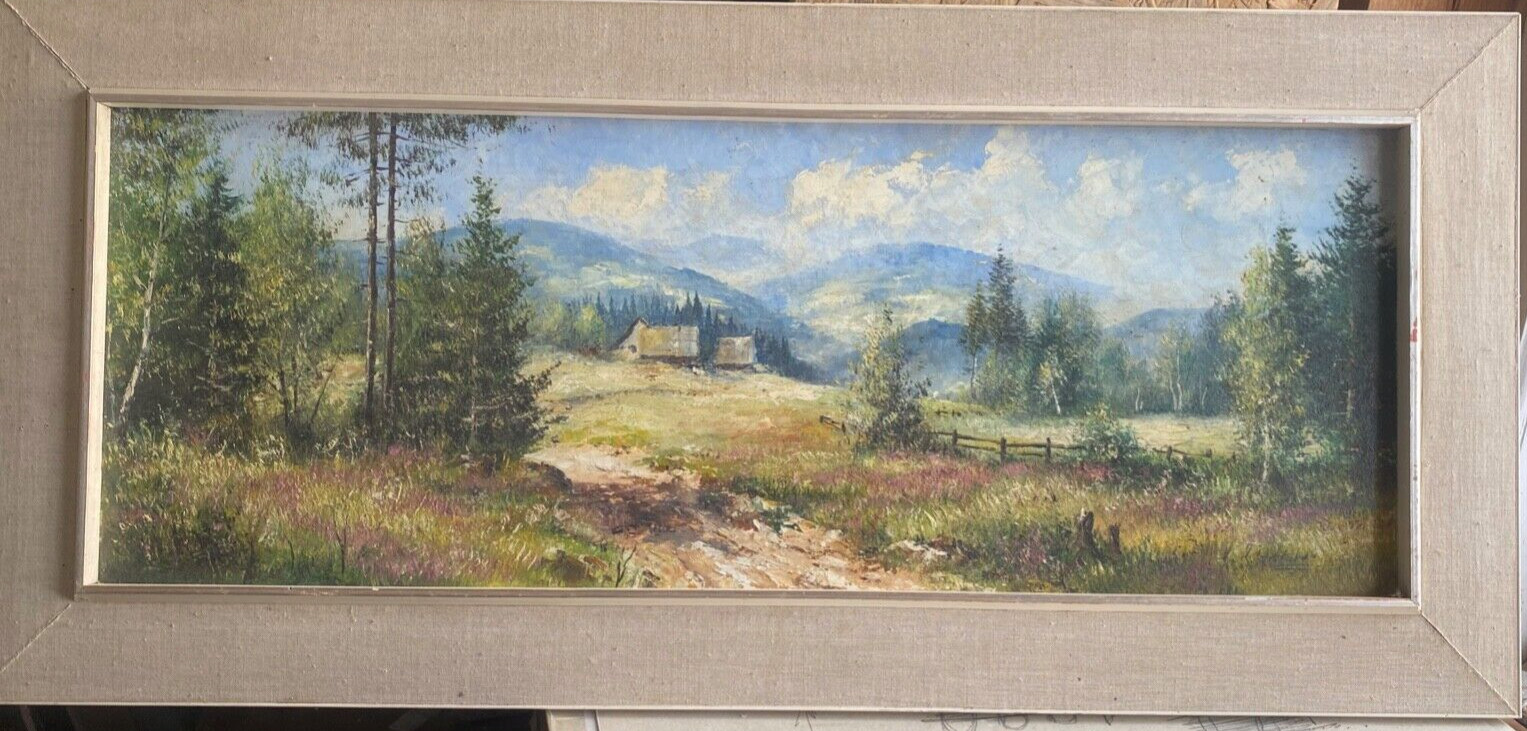 Oil Painting Summer In The Mountains Illegibly Signed Frame Black Forest Resin