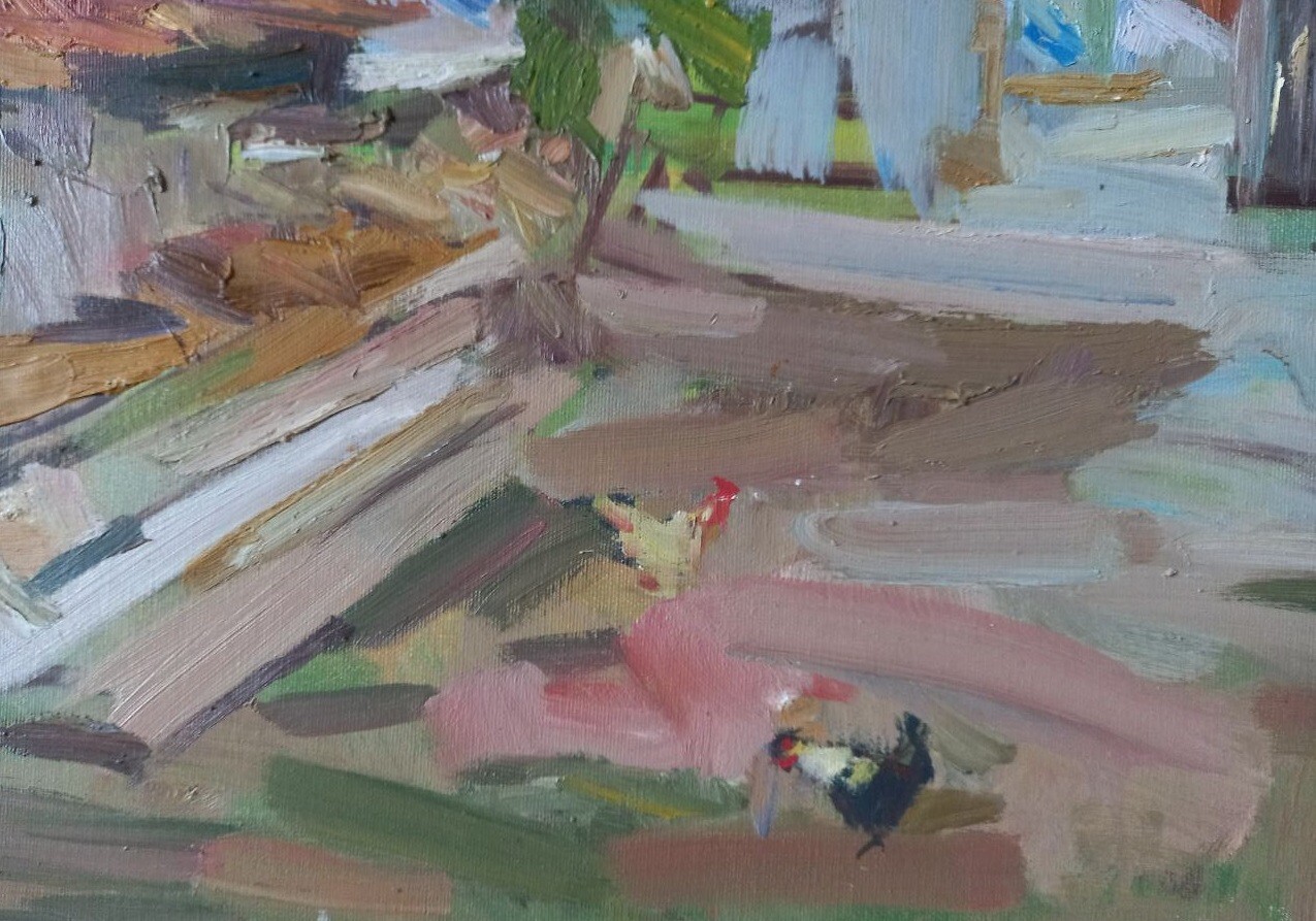 Oil painting Backyard Landscape Ukrainian painter Canvas Framed original art