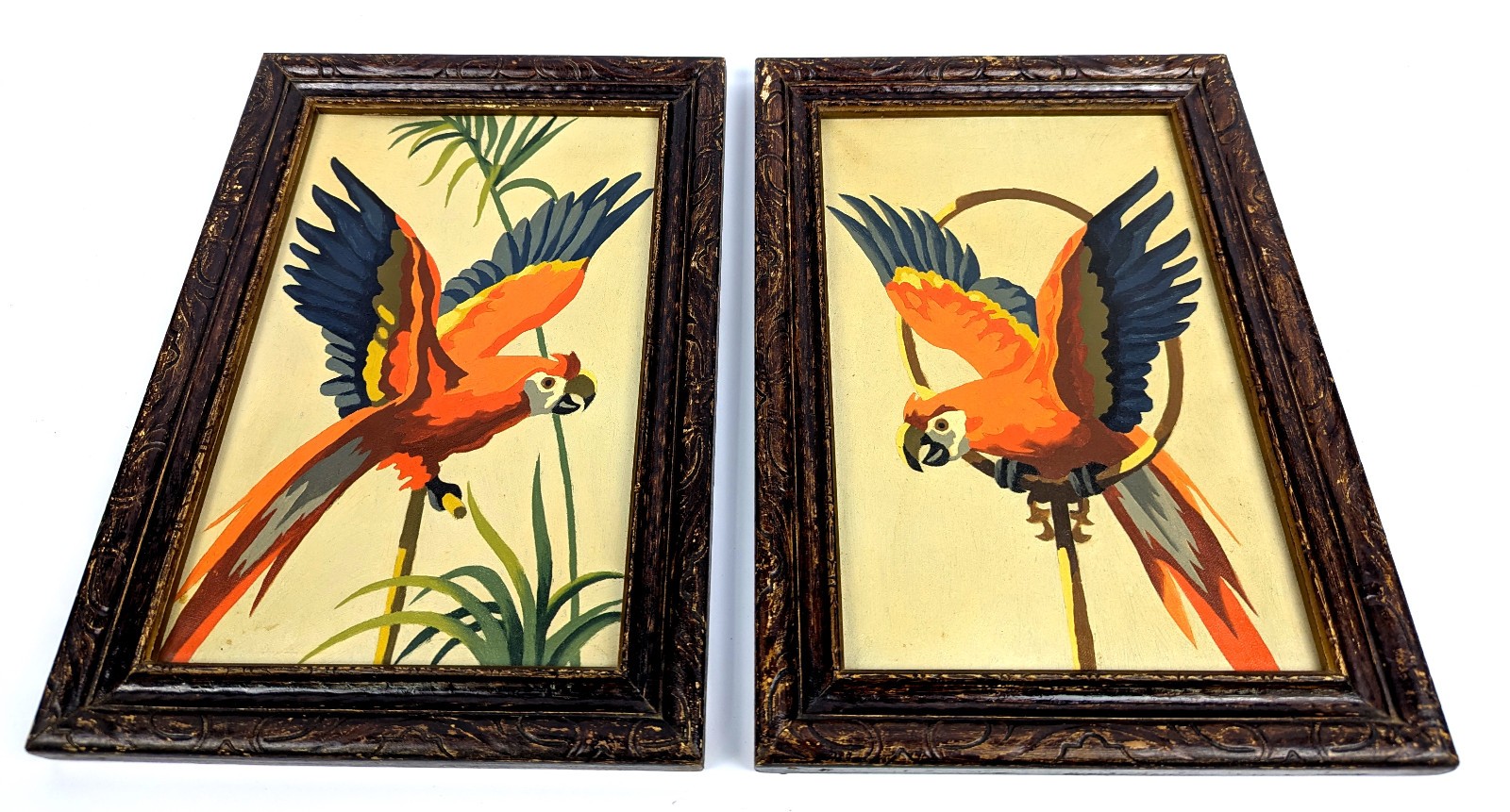 Vtg 14.5″ 1960s Paint by Numbers Ornate Framed Parrots Pair Maximalist Colorful