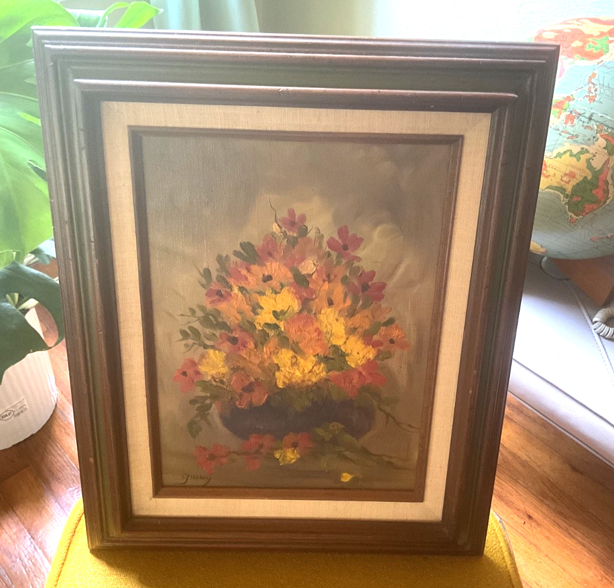 Vintage Mid Century Painting Flower floral signed Ginny Bass wood linen mcm