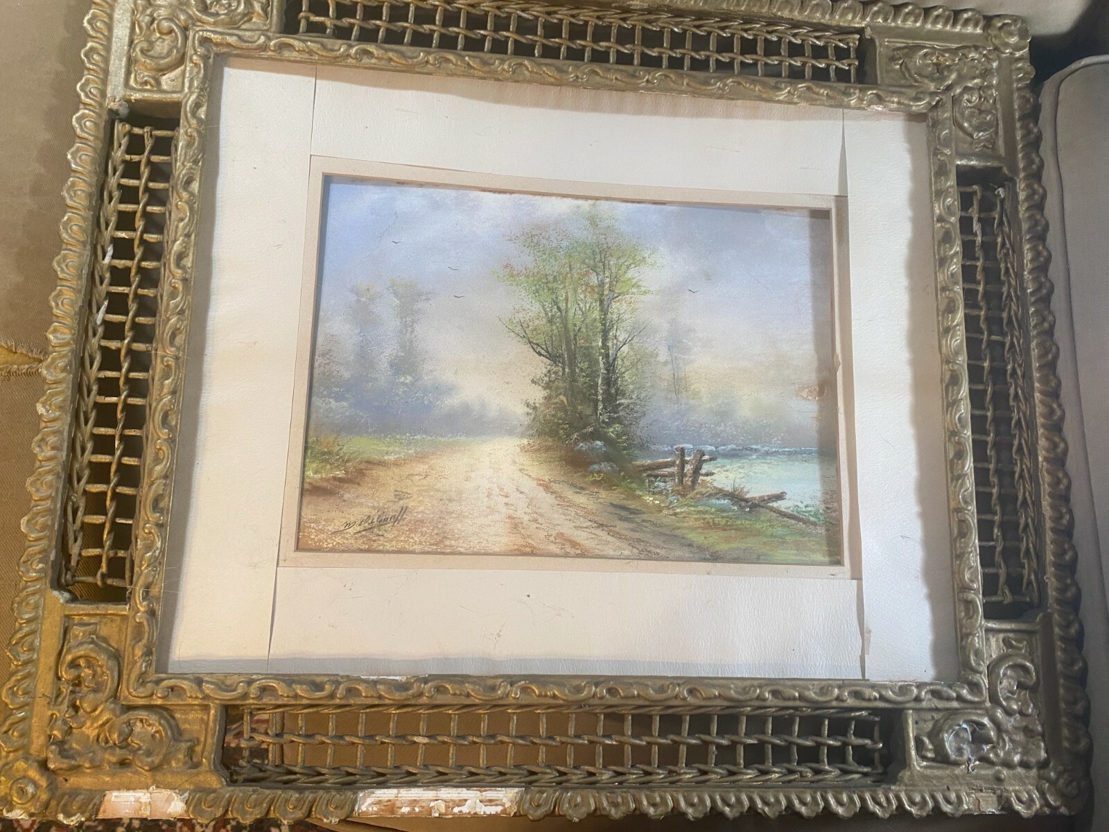 Antique M DeGraff «Landscape With Path And River» Pastel Painting -Signed/Framed