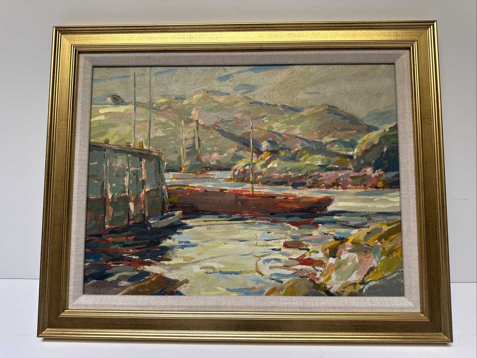 Karl Schmidt Painting Antique American Impressionism Wpa Marina Port Boats Oil