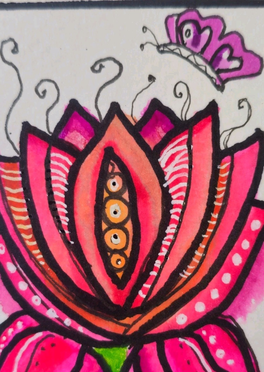 ACEO ATC miniature art, flower, Lotus, Magenta, Fuschia by Kelly Herbold
