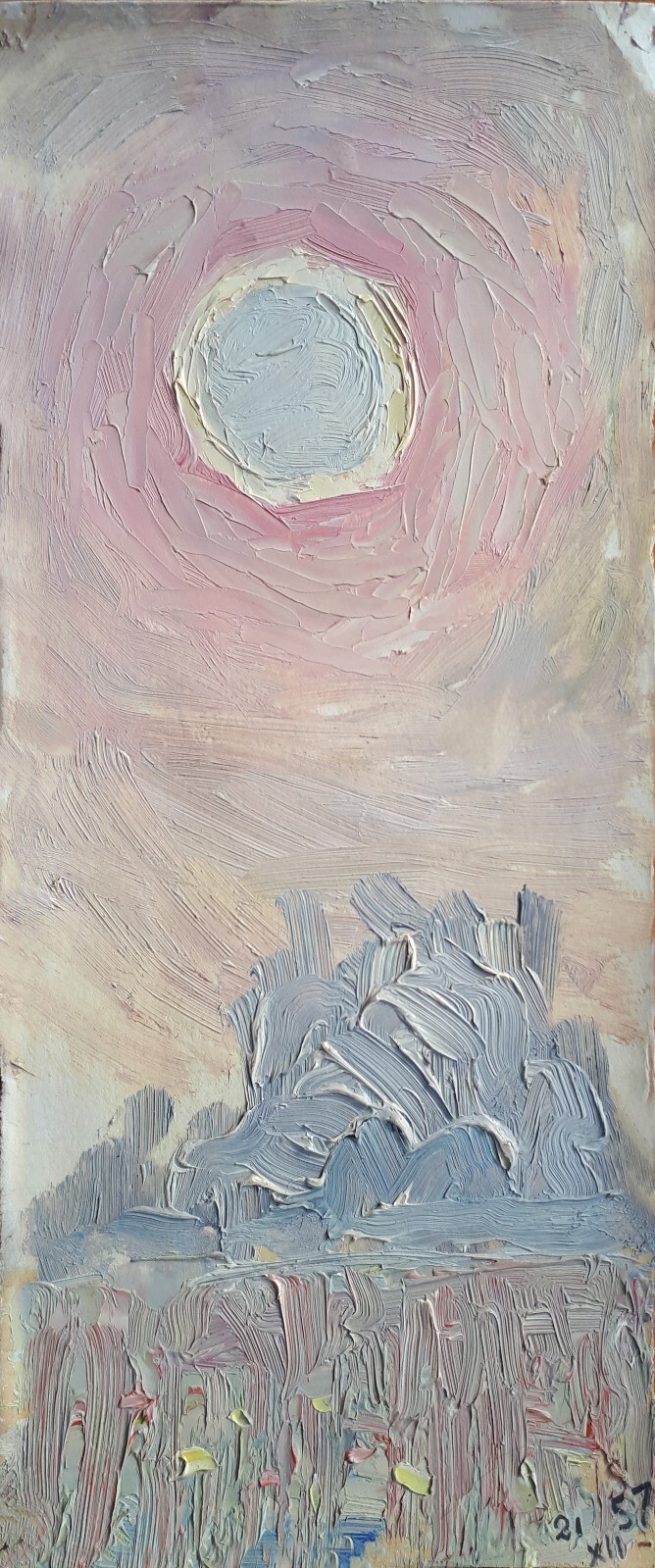 Winter landscape the sun Christmas vintage 1957 Ukrainian artist Tkachenko Evg