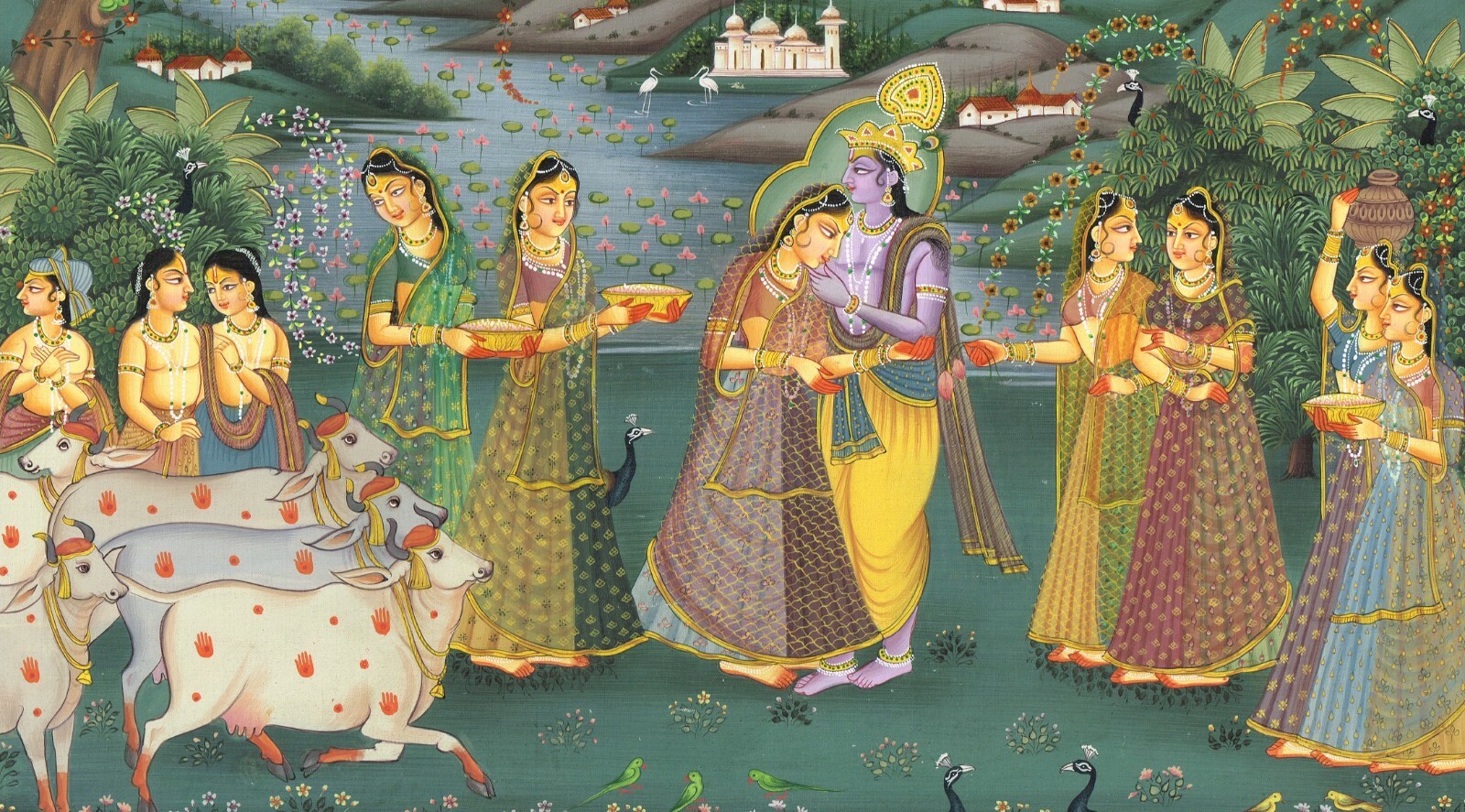 Rajasthani Miniature Painting Radha Krishna Love Art On Cloth 17.5×13.5 Inches