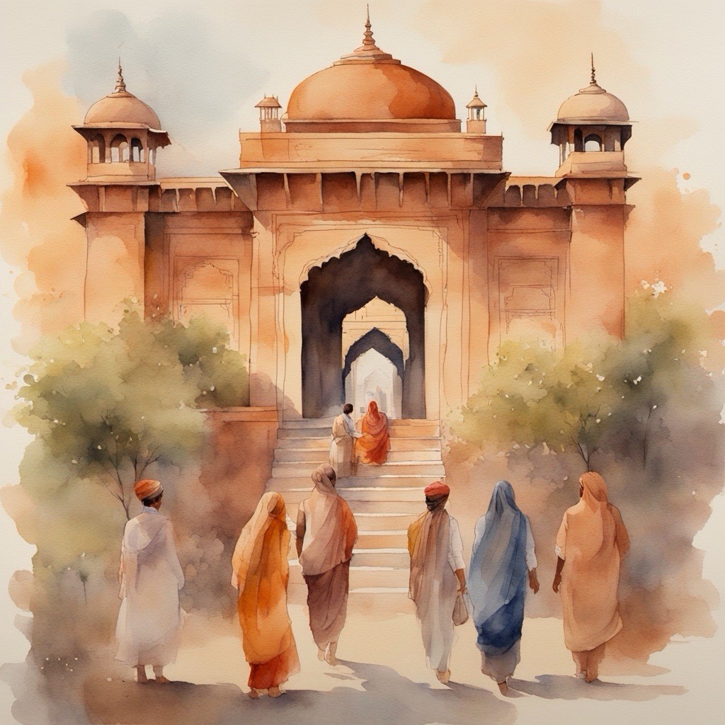 Watercolor Painting Realism Indian Temple with Figures Architecture India