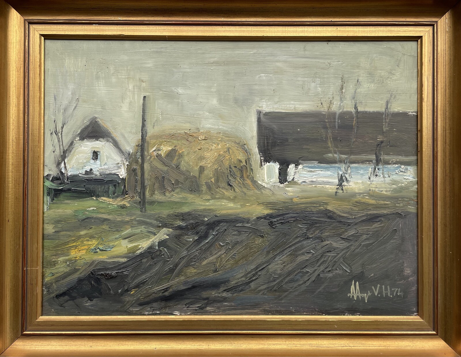 Expressionist Landscape With Farm Manure Heap Stable Field Oil Painting 1974