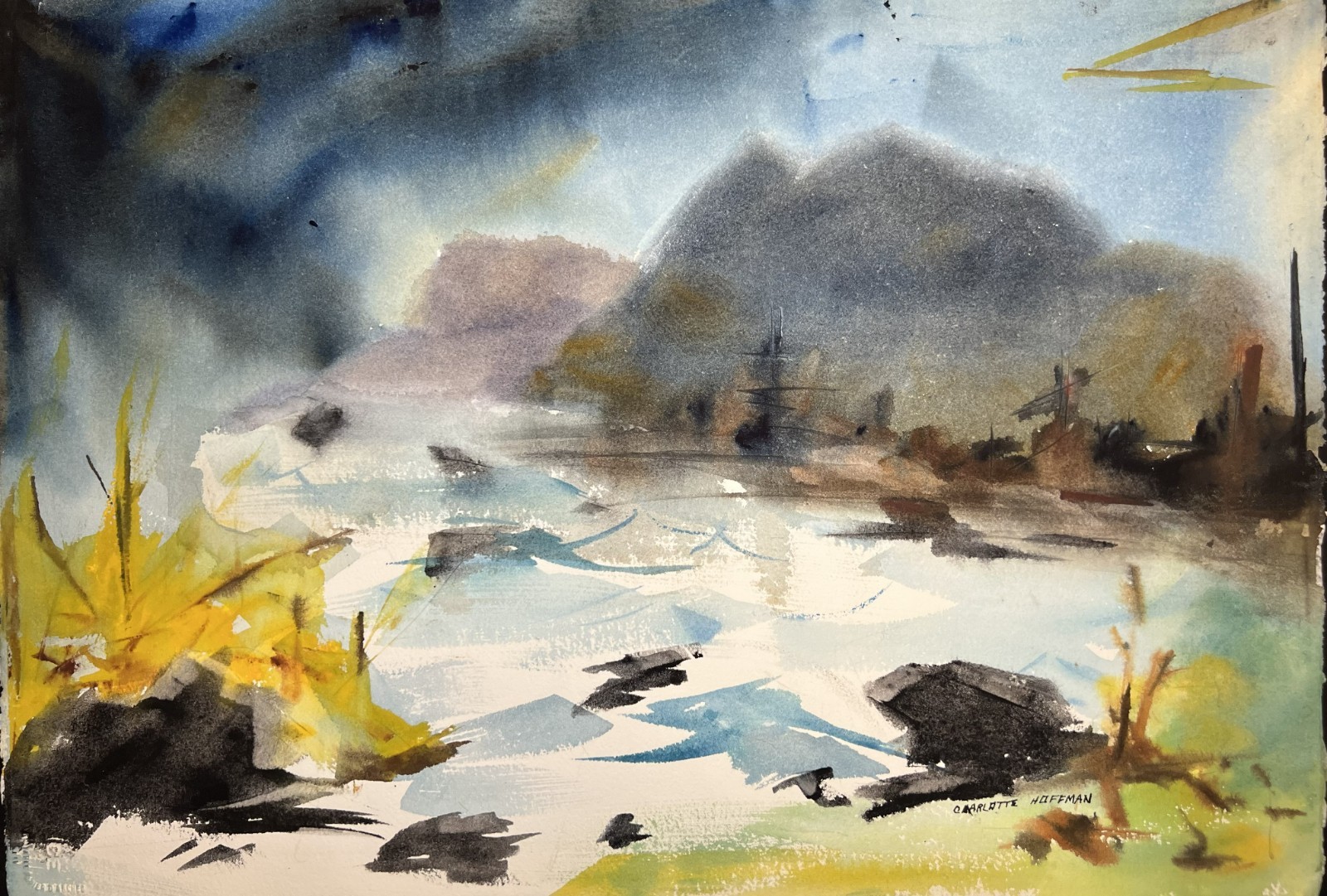 An Inland Waterway–Medium Size Watercolor–Charlotte Hoffman–Mid 20th NY Artist