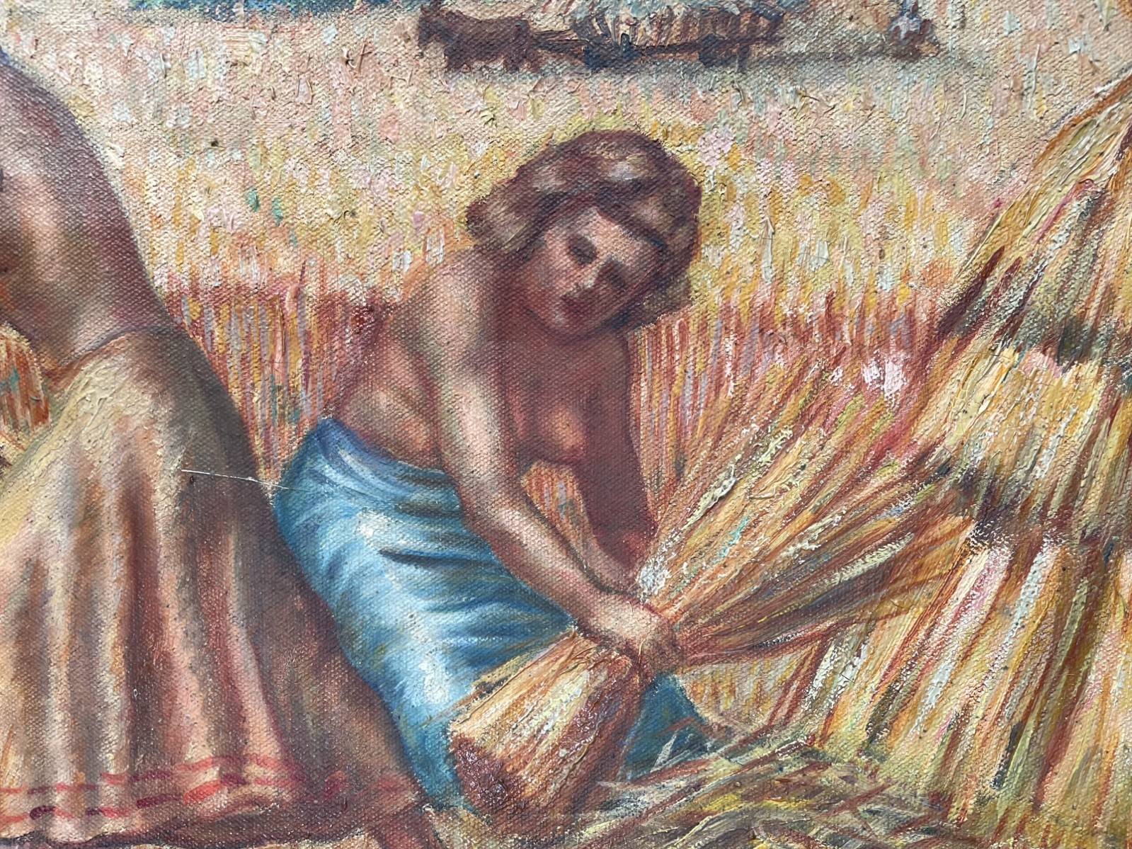 ANTIQUE OIL PAINTING NUDE WHEAT HARVESTERS ORIGINAL