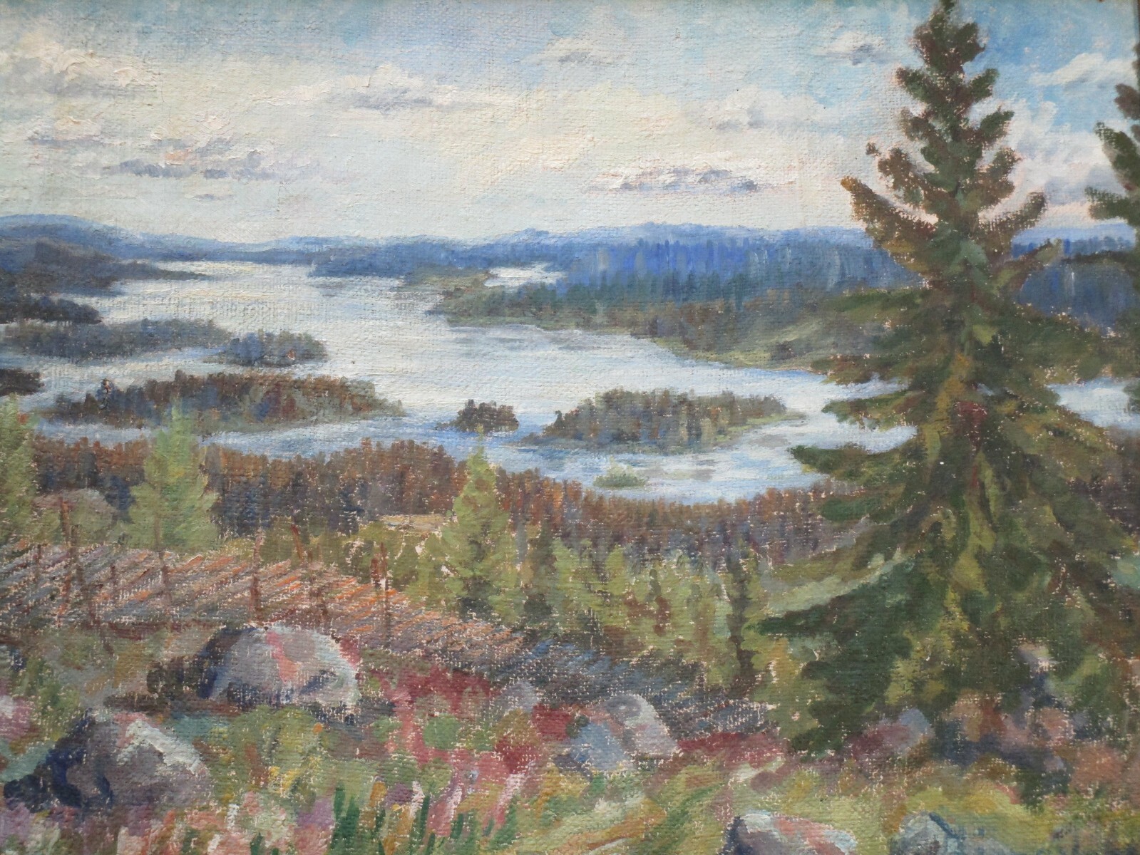 VINTAGE MOUNTAIN RANGE PAINTING IMPRESSIONISM ANTIQUE SIGNED HILL VIEW LAKE