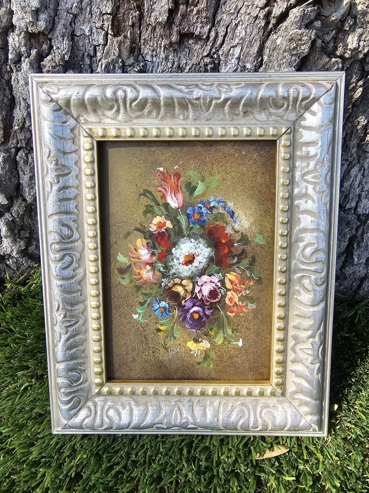 VTG OOAK Victorian Floral Miniature Mini Signed Oil Painting on Copper, 5″ by 7″