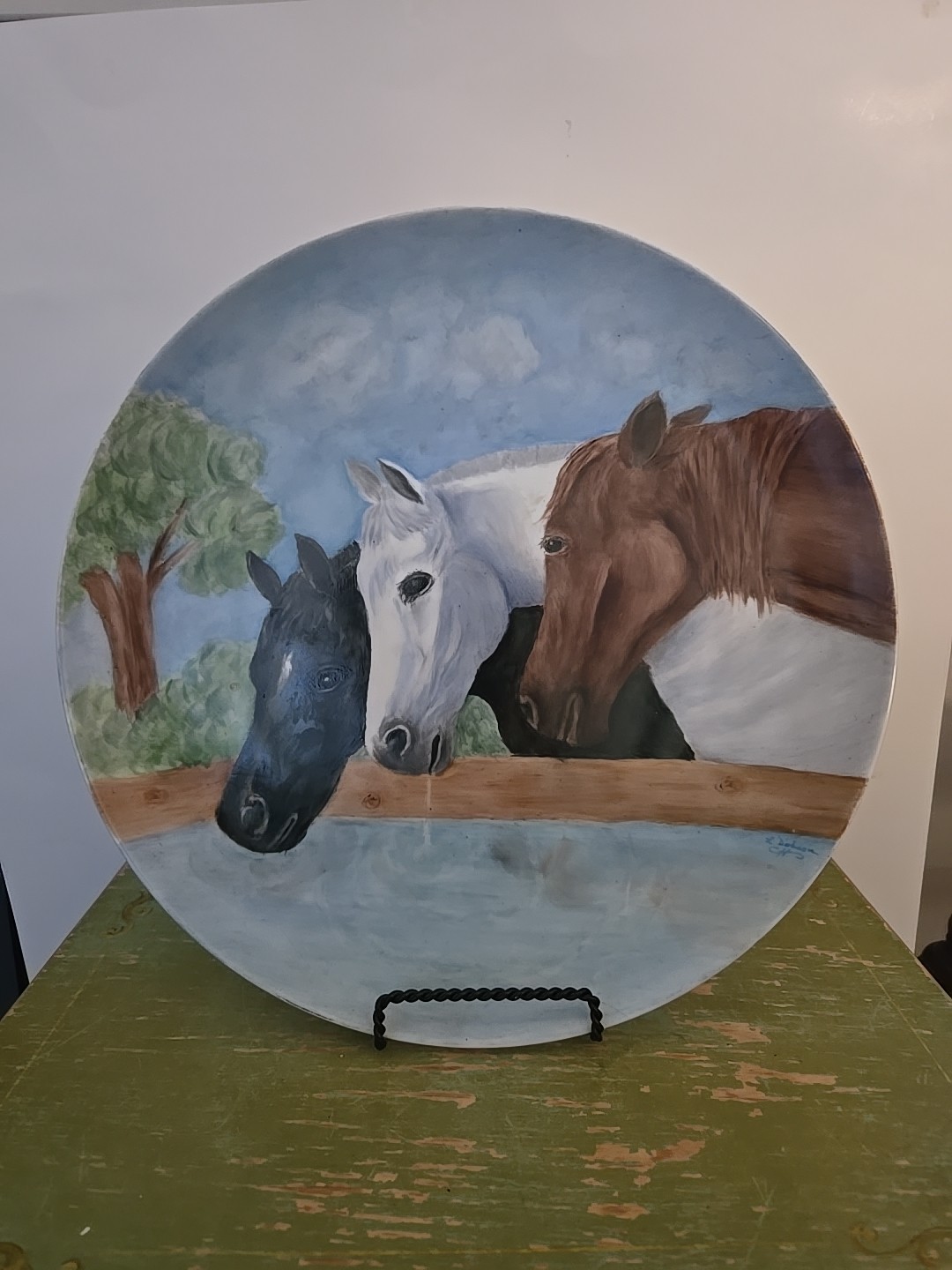 Quarter Horses Handpainted On Large Plate. Signed L. Dodson. One Of A Kind.
