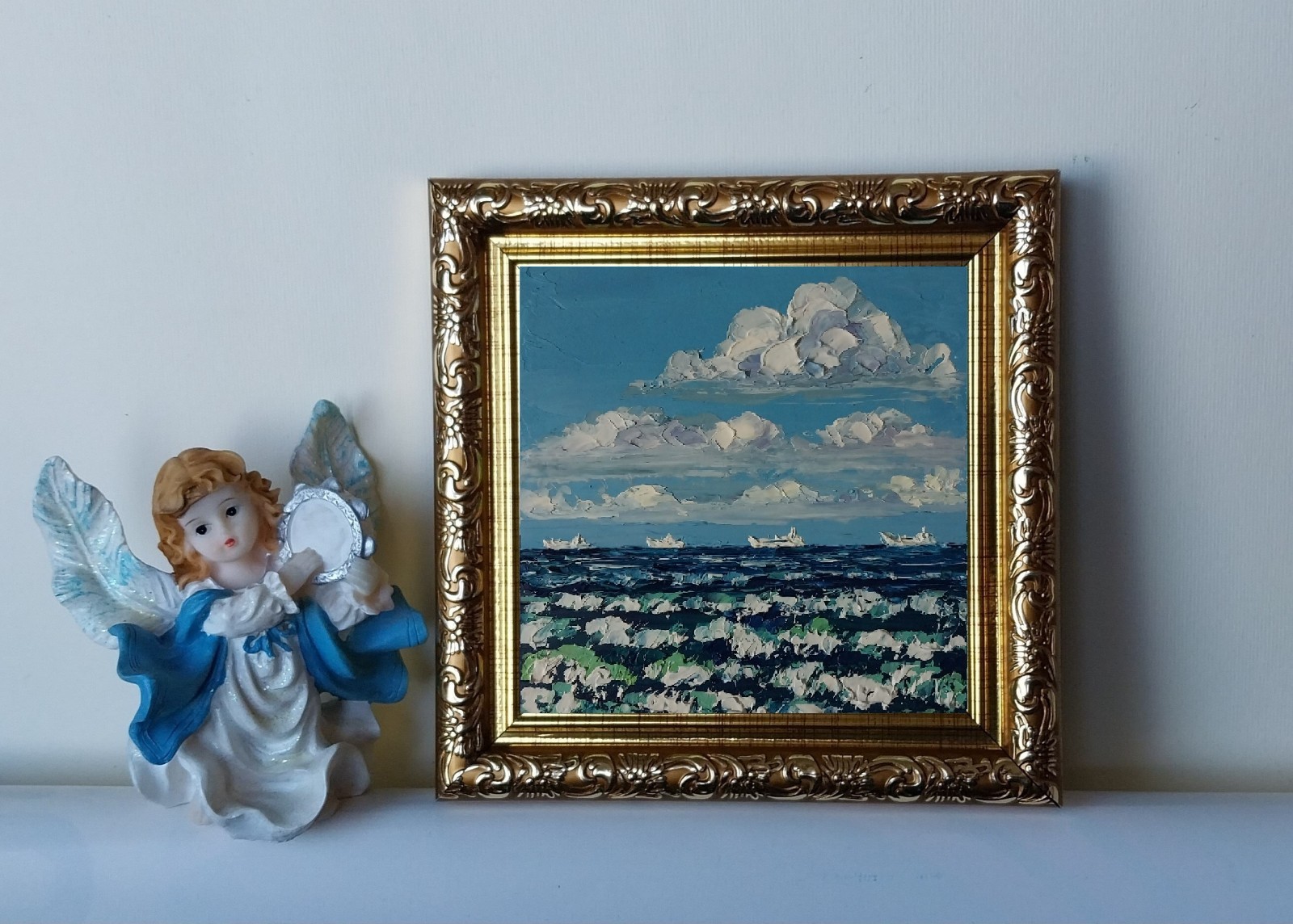Framed Small Seascape Cloudy Sky Sea Waves Art 4×4 Impasto Oil Painting Original