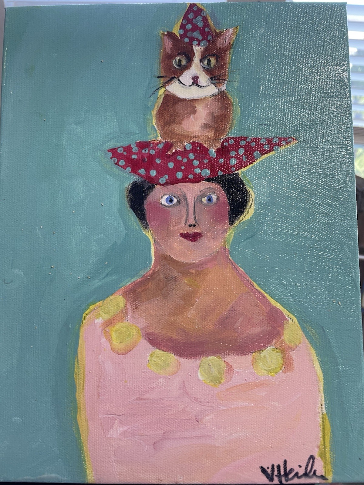 “Companions”Original Acrylic Painting 12”x 9”x1.5”on Canvas Lady &Cat Handmade