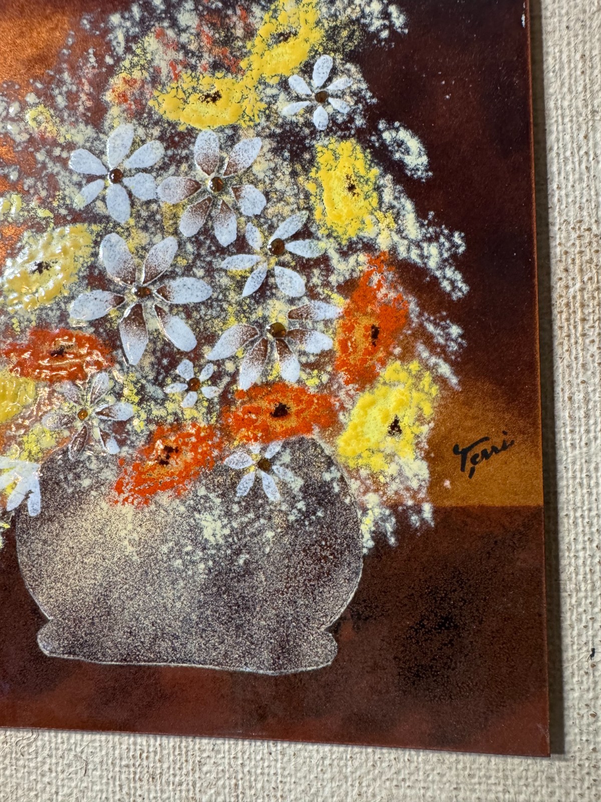 Terri Oullette «A Floral Scene» Enamel On Copper Painting – Signed And Framed