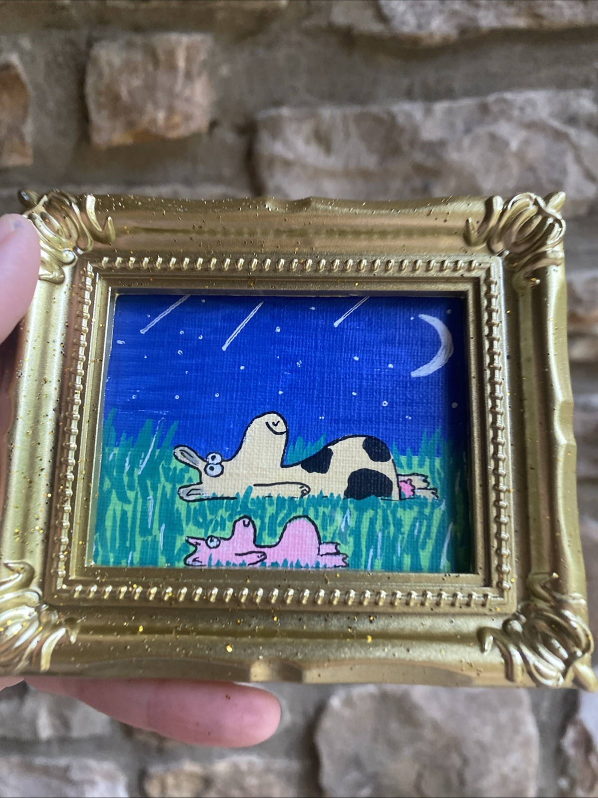 Whimsical Funny Cow And Pig cute, Original Painting,framed,miniature,small,mini