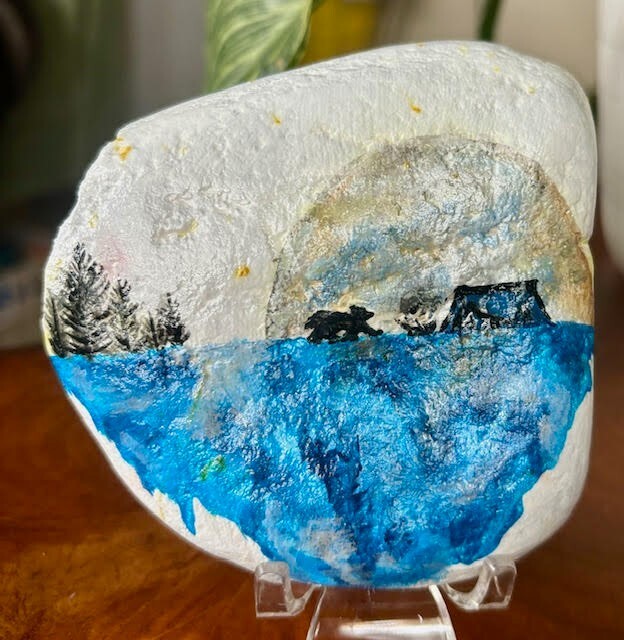 Large Hand Painted Rock Collectible «Camping under Moon» Stone Art Garden Decor