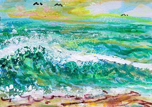 ORIGINAL ACEO Painting OCEAN Beach Waves Birds Blue Sky Summer Shore Sea ATC ART
