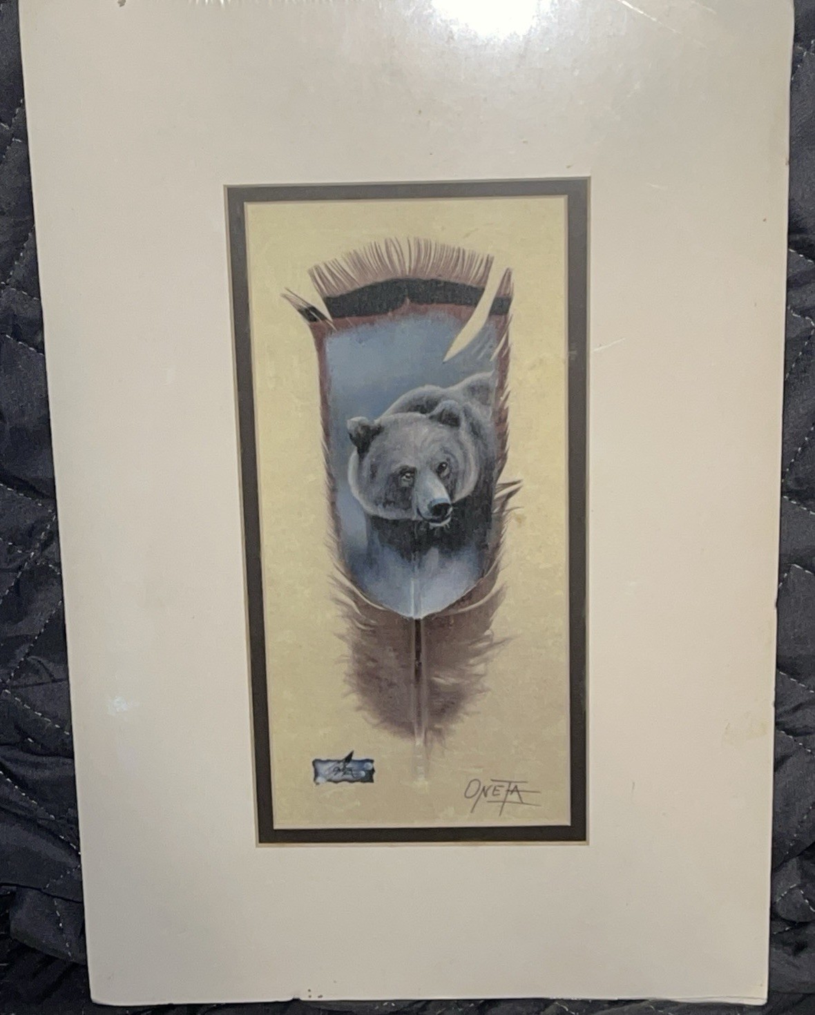 Hand Painted Bear Feather Native American signed by Oneta