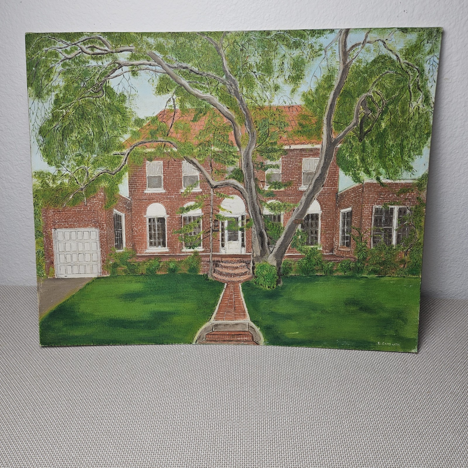 Original Oil Painting Brick Estate House Large Tree Landscape Signed Art 16×20