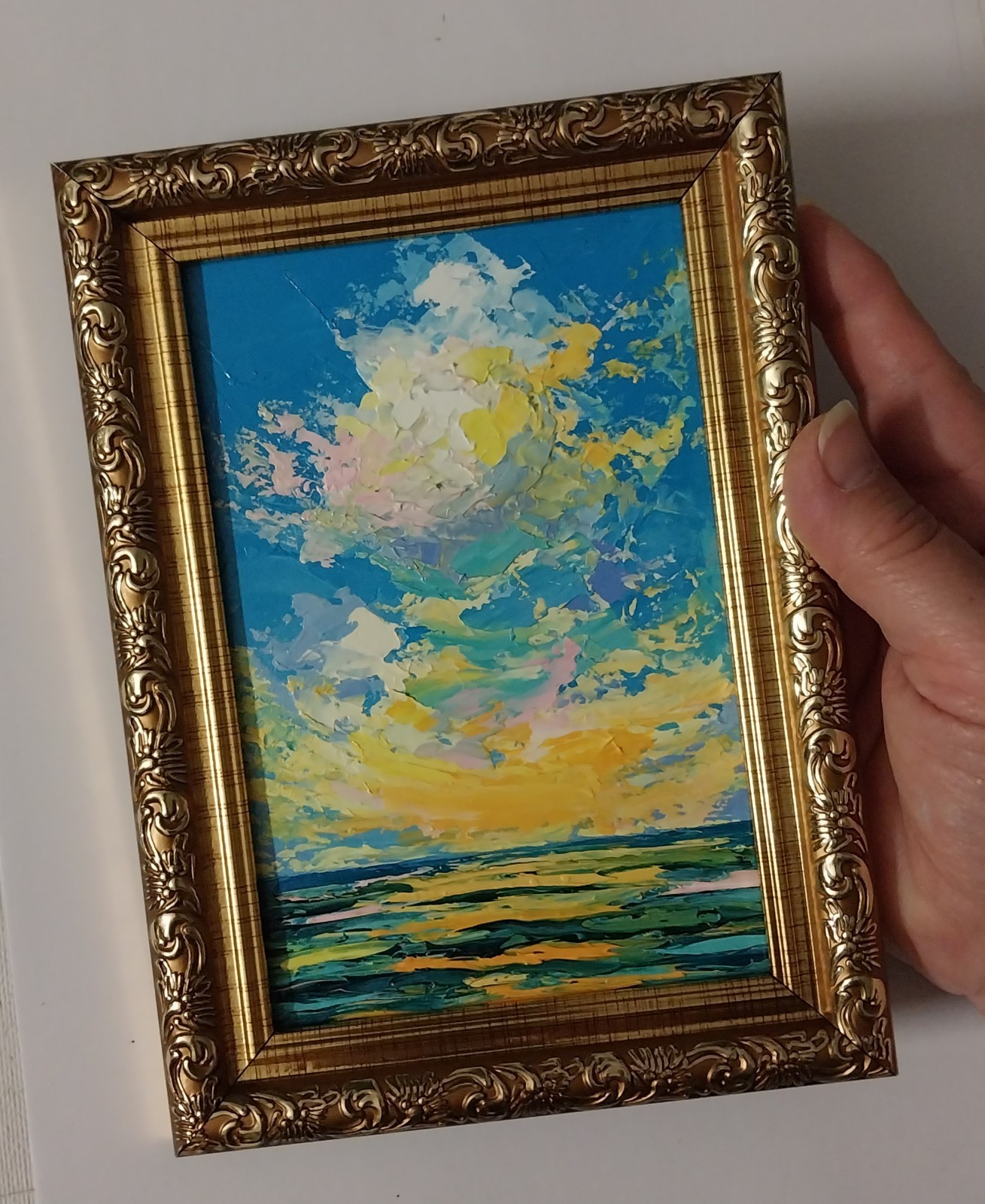Framed Mini Seascape Golden Sunset Clouds Evening Sea 4×6” Original Oil Painting