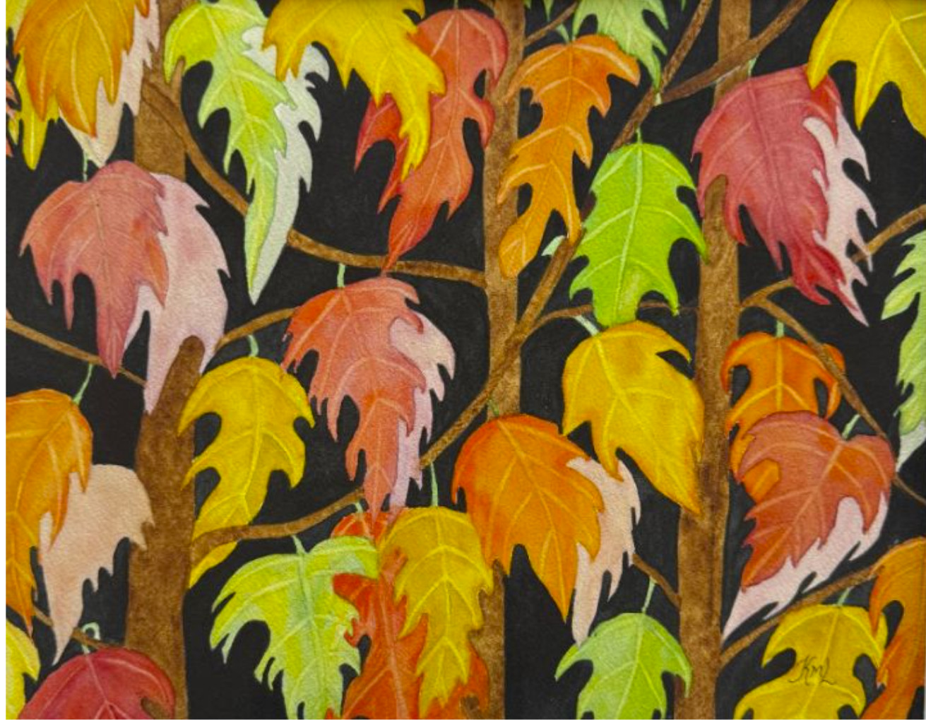 PAINTING WATERCOLOR 11X14 DOUBLE MAT 16X20 TREE LEAVES AUTUMN ORANGE YELLOW RED