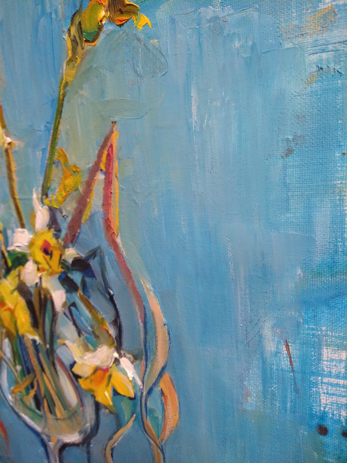 Original oil Still life 20″x20″, Flowers, Daffodils, Blue, Contemporary art