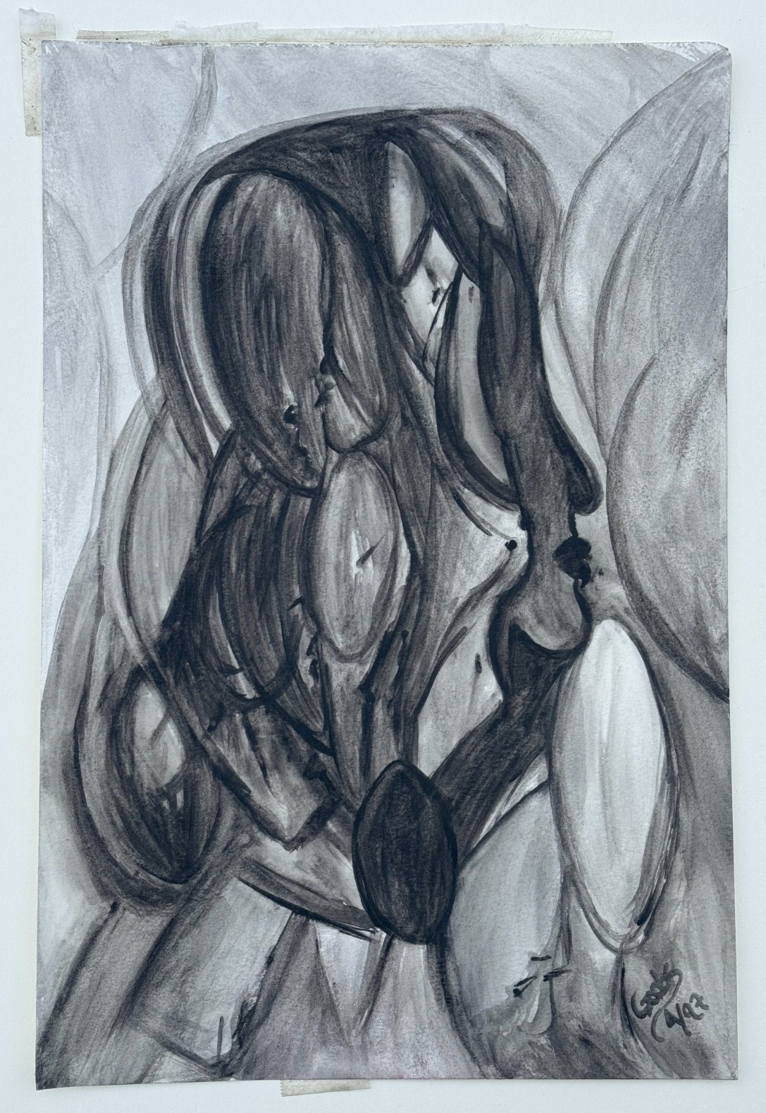 GOOBS SIGNED ABSTRACT WATERCOLOR DRAWING PAINTING WOMEN FACES & FIGURES ORIGINAL