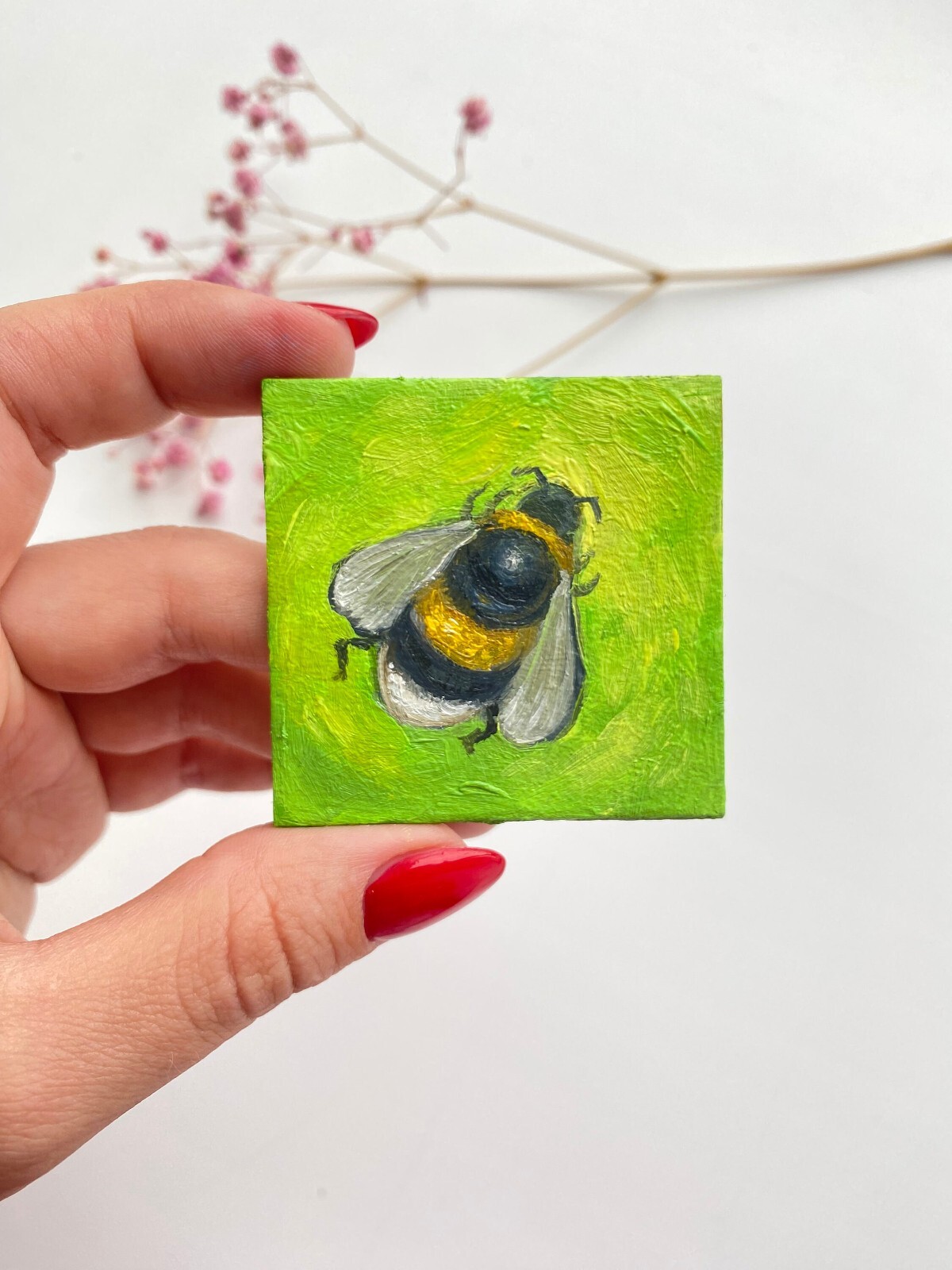 original oil painting Bumblebee Art Honeybee tiny painting Bee Original Art