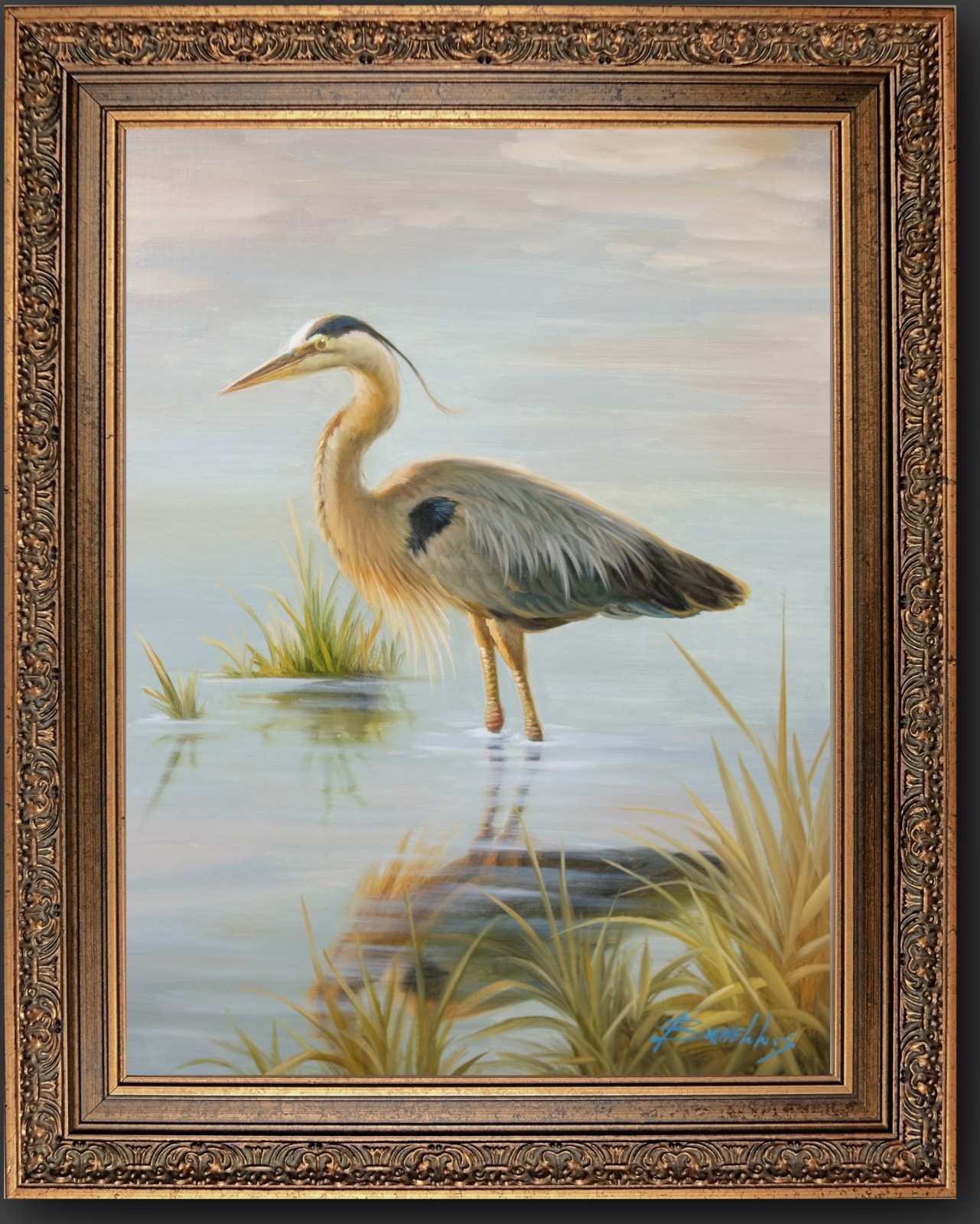 Framed Oil Painting, Blue Heron Portrait– Korean Wall Art, Signed by Brunell S