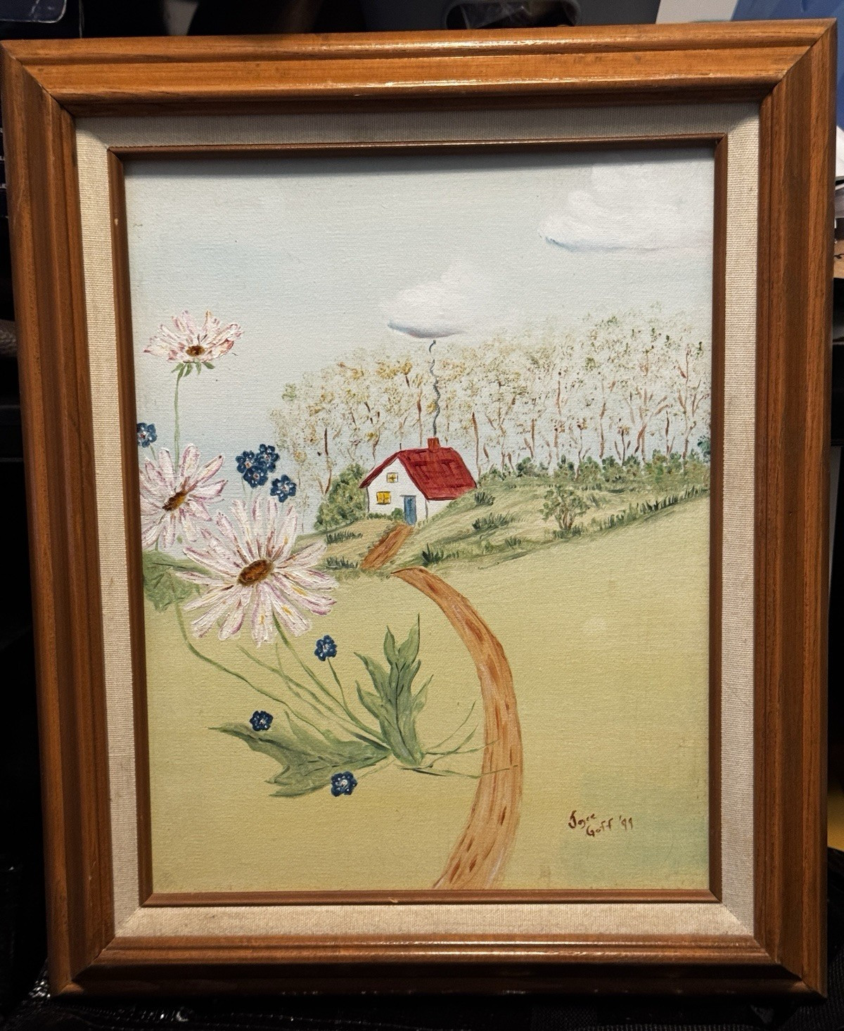 Joyce Goff 1999 Original Oil Painting Landscape Cottage Flowers Framed Folk Art