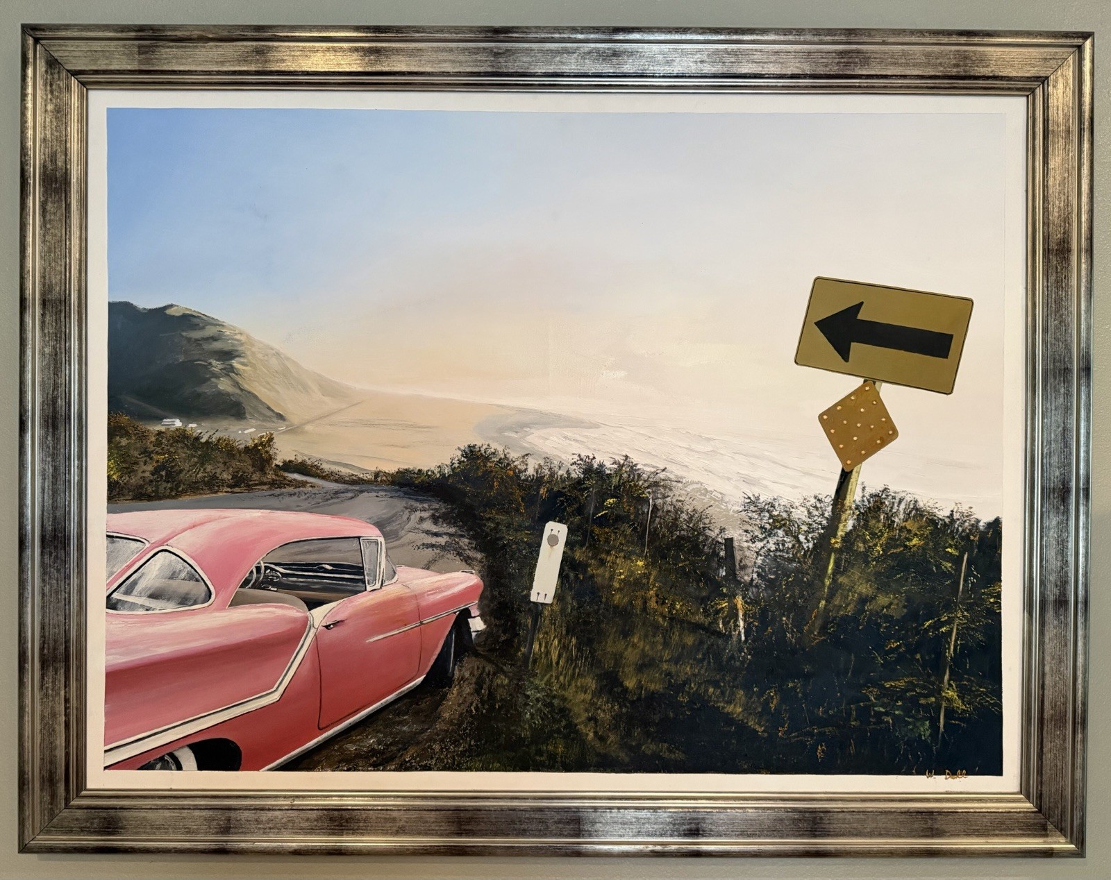 Impressive Large Signed Original Oil Painting of Classic Car at Beachside