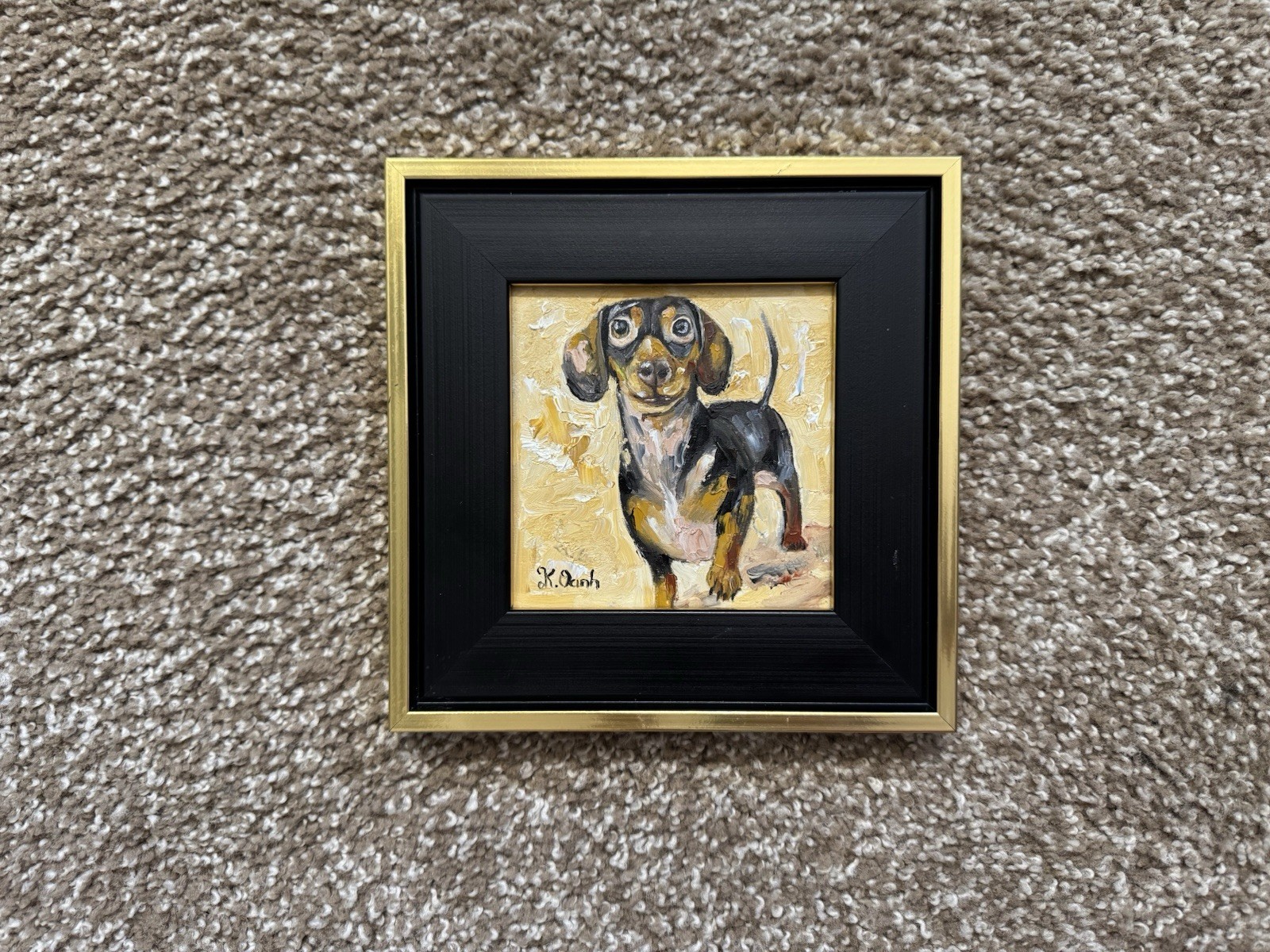 ORIGINAL OIL PAINTING DACHSHUND DOG PORTRAIT SIGNED FRAMED 4×4
