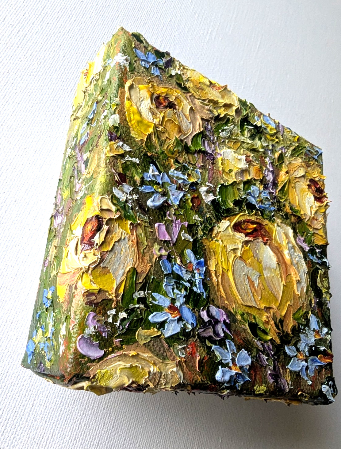ORIGINAL OIL impasto Painting «Yellow ROSES» 4″X4″ X 1.5″ by Olga Diduh.