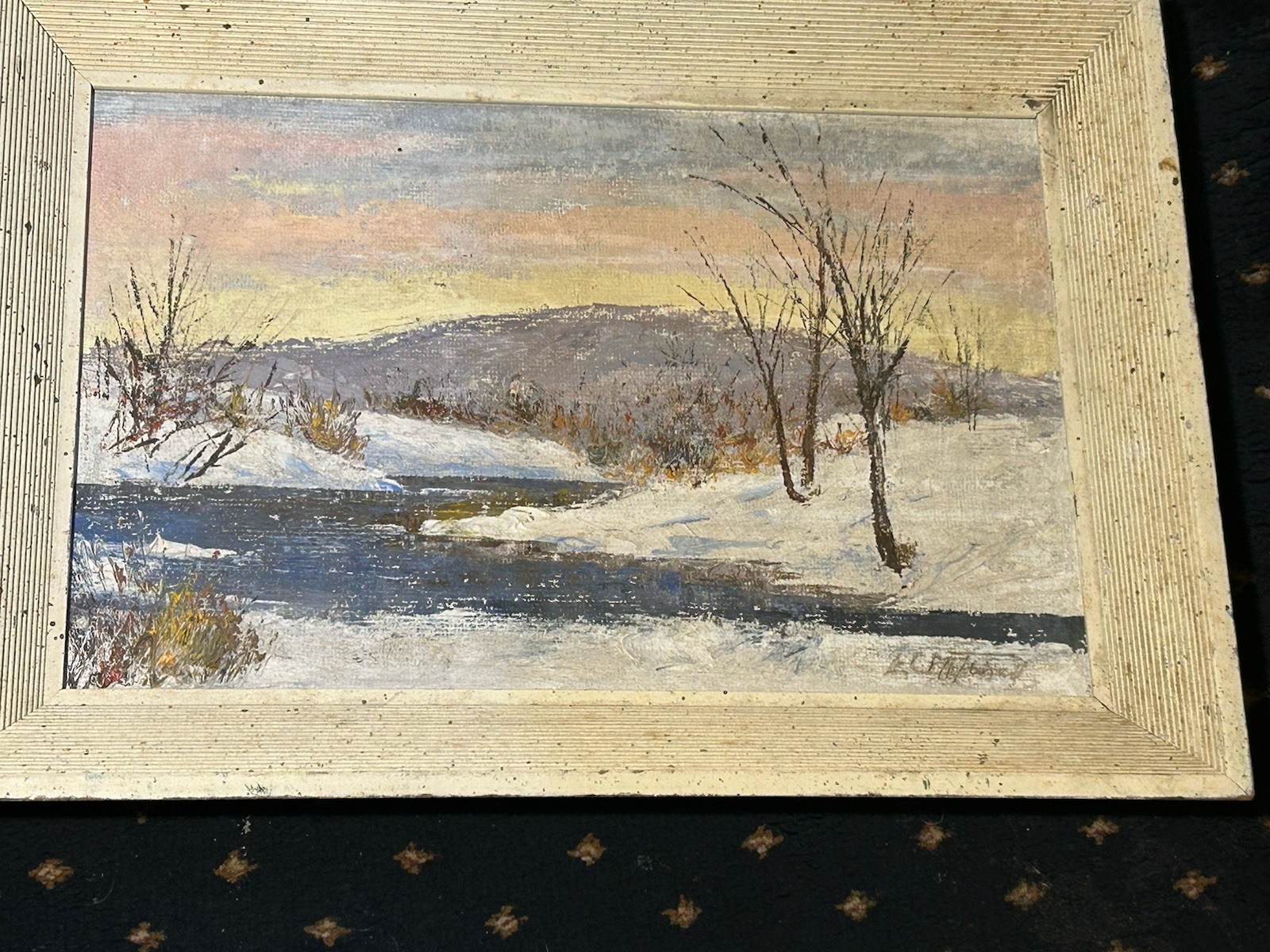 Oil on Canvas painting Depicting As Winter Landscape With River And Hill Signed