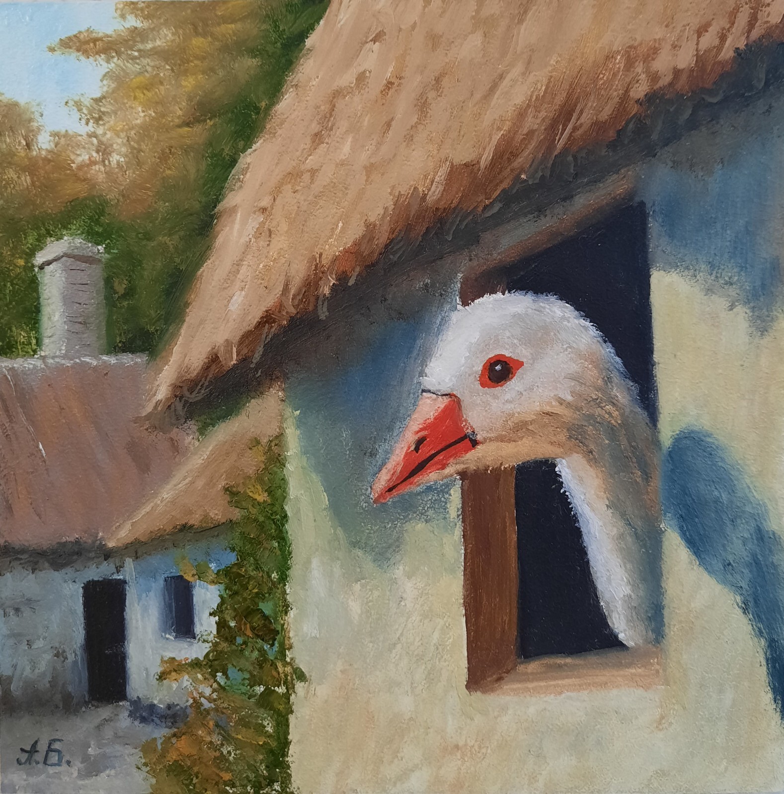 ORIGINAL Oil Painting Animals Goose Poultry Impressionism Contemporary Art