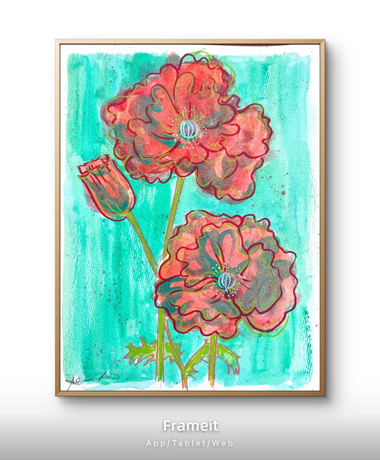 Original Reds and Teals 1 Painting By Alannah Dyer Acrylic 9×12 in Flowers Flora